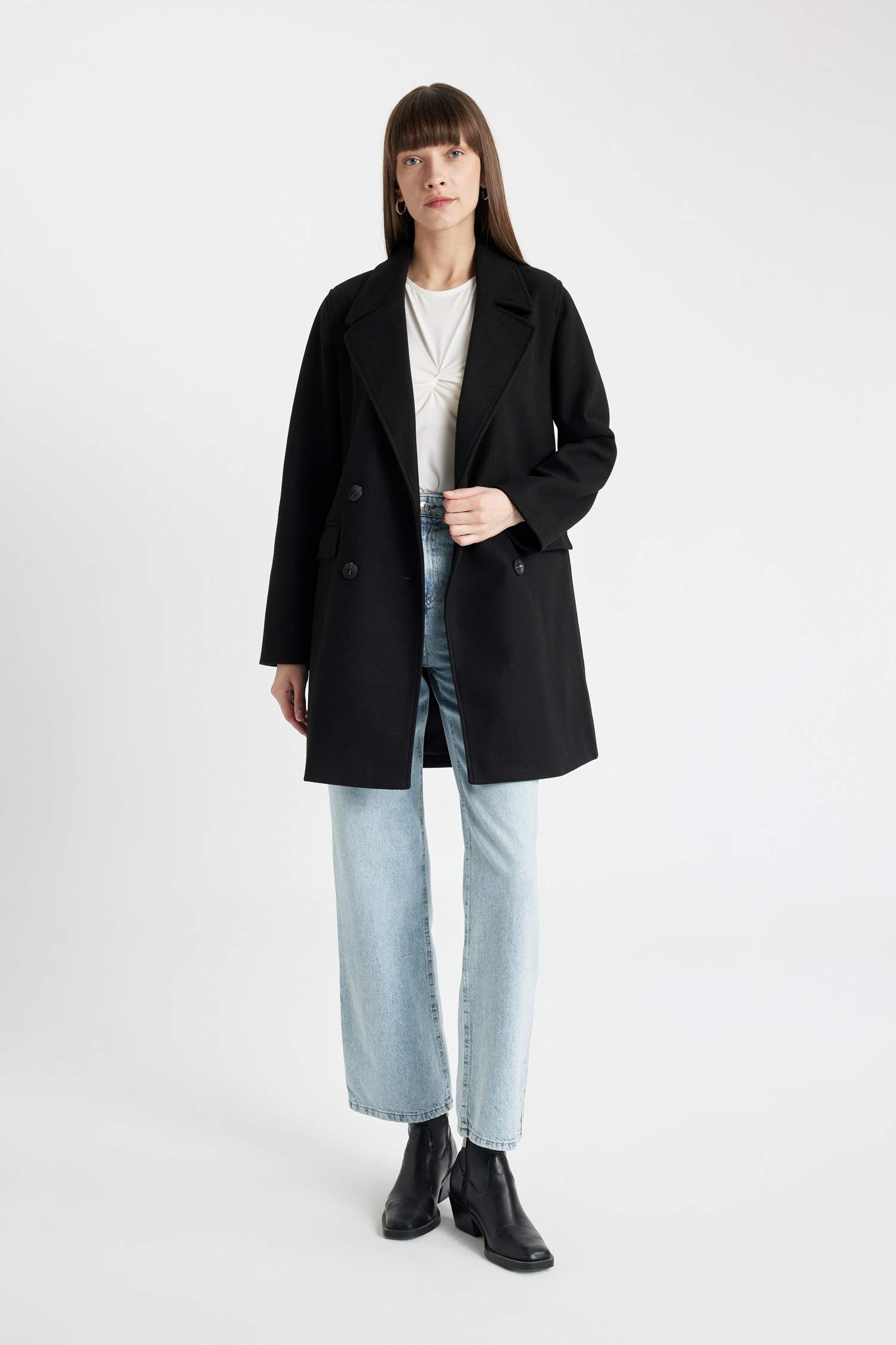 Rüzgar Geçirmez Uzun Kaşe Kaban Oversize Geniş Kalıp Kruvaze Yaka Düğmeli