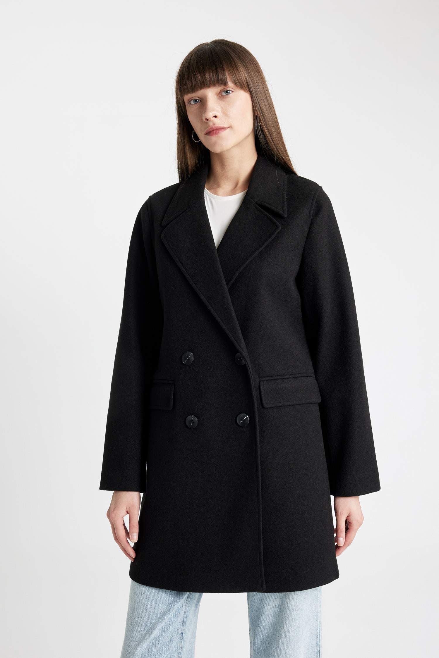 Rüzgar Geçirmez Uzun Kaşe Kaban Oversize Geniş Kalıp Kruvaze Yaka Düğmeli