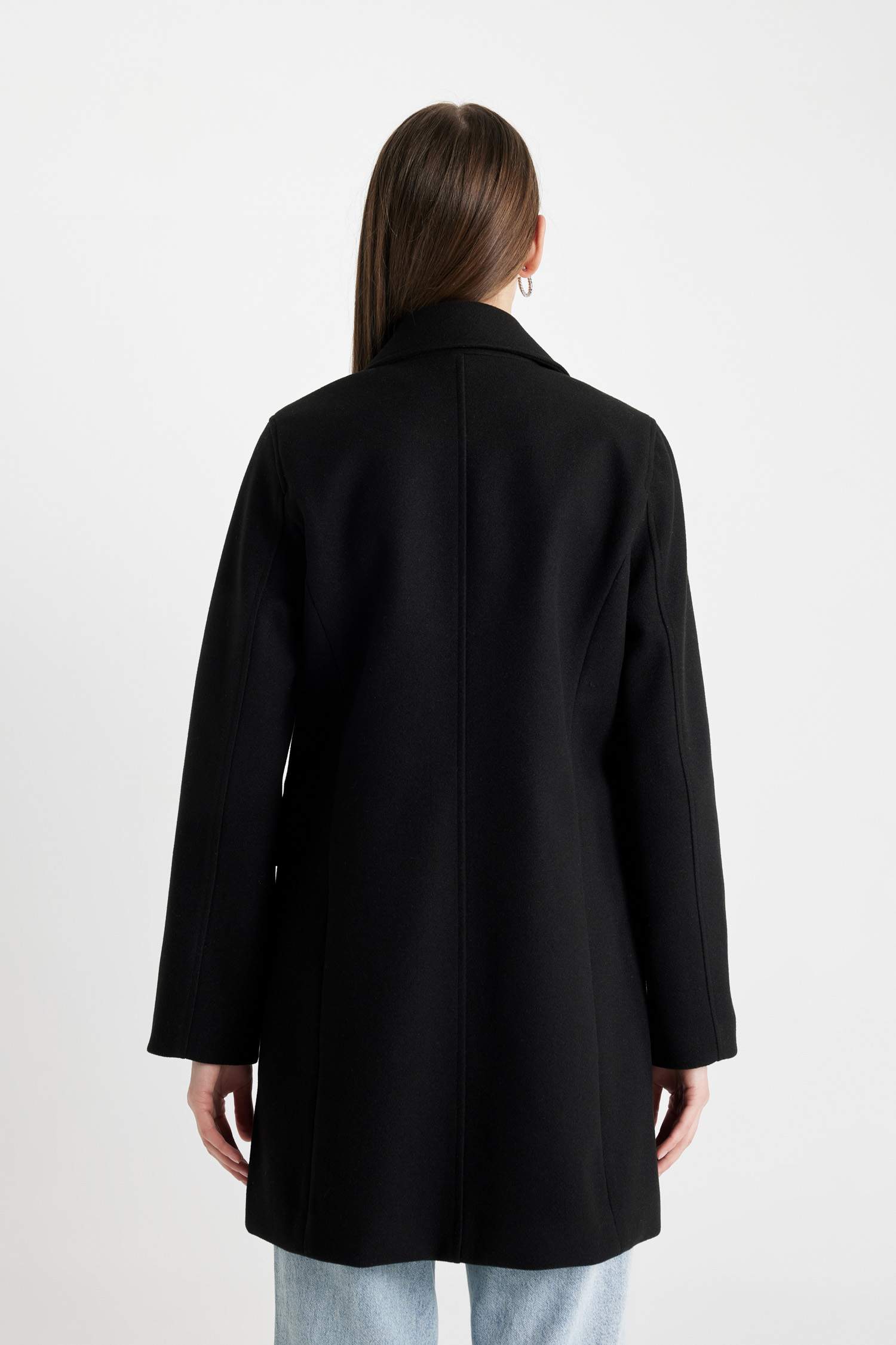 Rüzgar Geçirmez Uzun Kaşe Kaban Oversize Geniş Kalıp Kruvaze Yaka Düğmeli