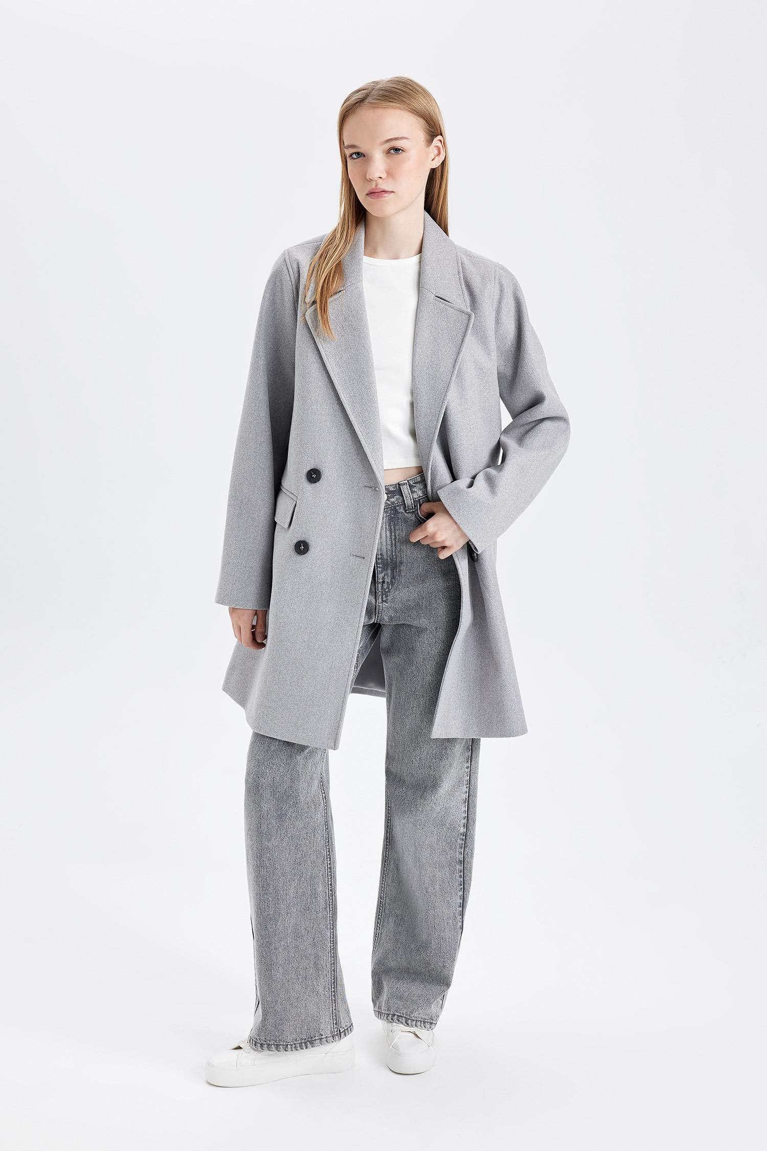 Rüzgar Geçirmez Uzun Kaşe Kaban Oversize Geniş Kalıp Kruvaze Yaka Düğmeli