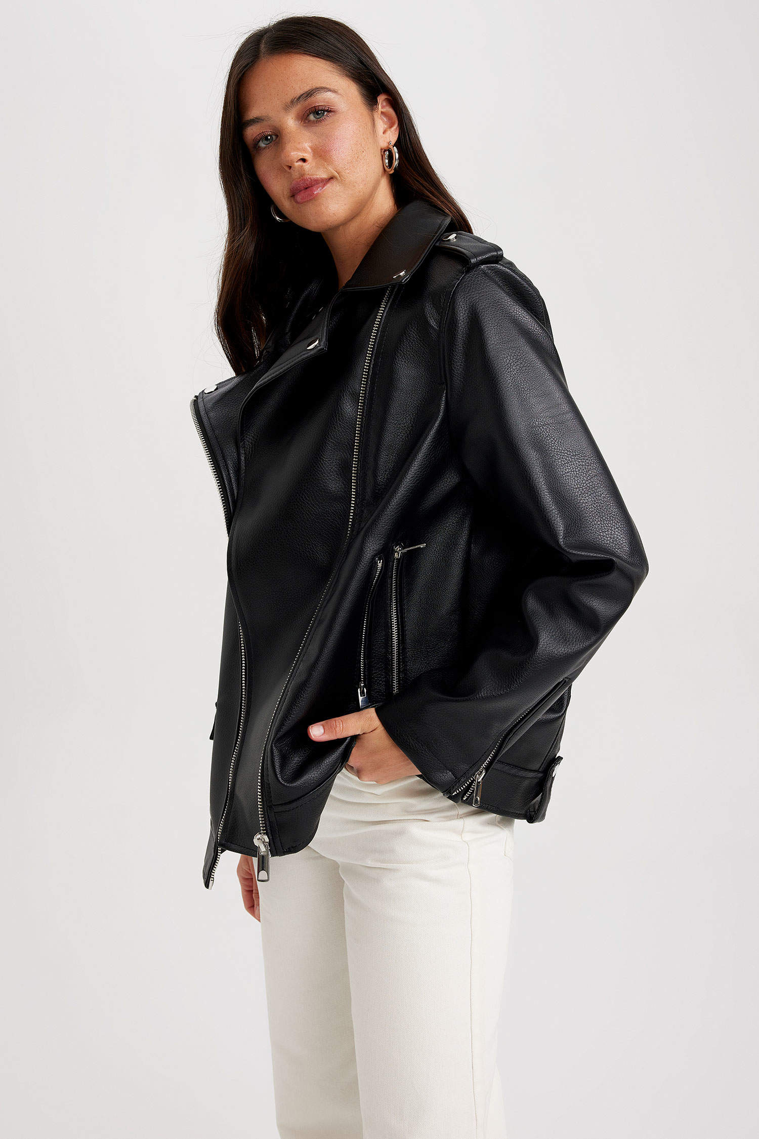 Black WOMEN Oversize Fit Faux Leather Faux Leather Coat 2775926 | DeFacto