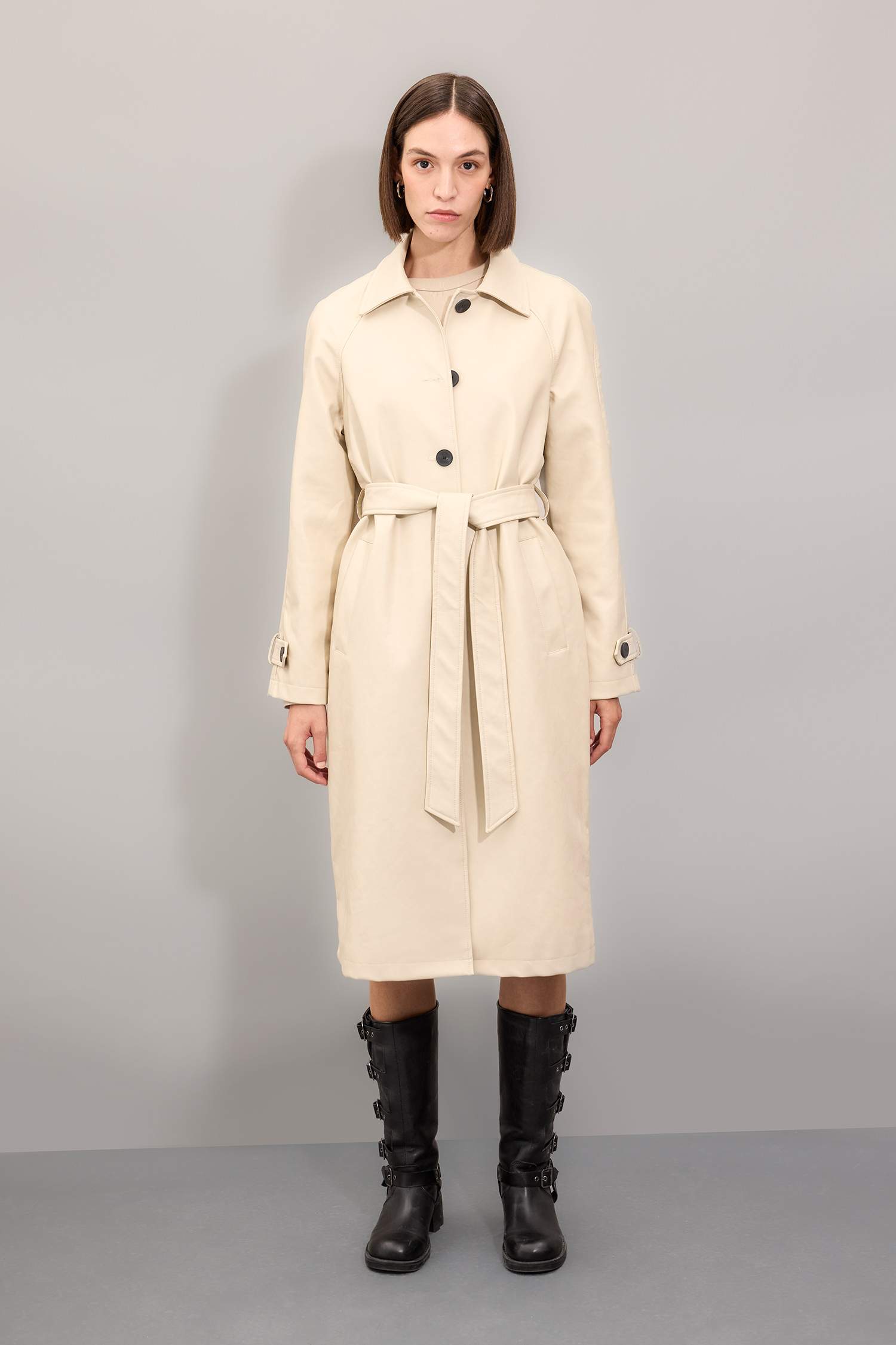 Su Geçirmez Suni Deri Trençkot Gömlek Yaka Düğmeli Cepli Apoletli Uzun