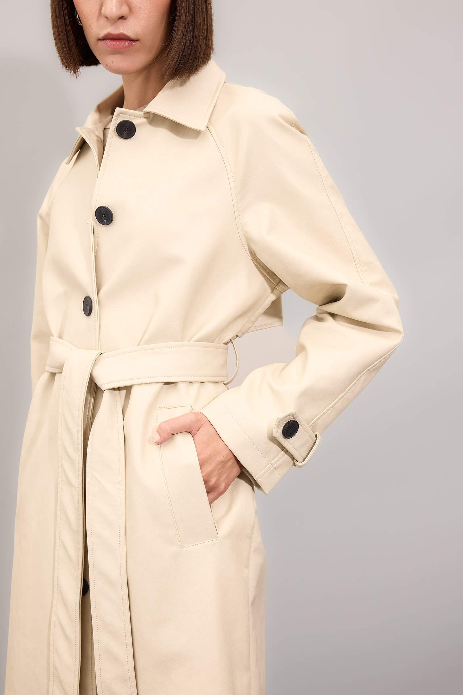 Su Geçirmez Suni Deri Trençkot Gömlek Yaka Düğmeli Cepli Apoletli Uzun