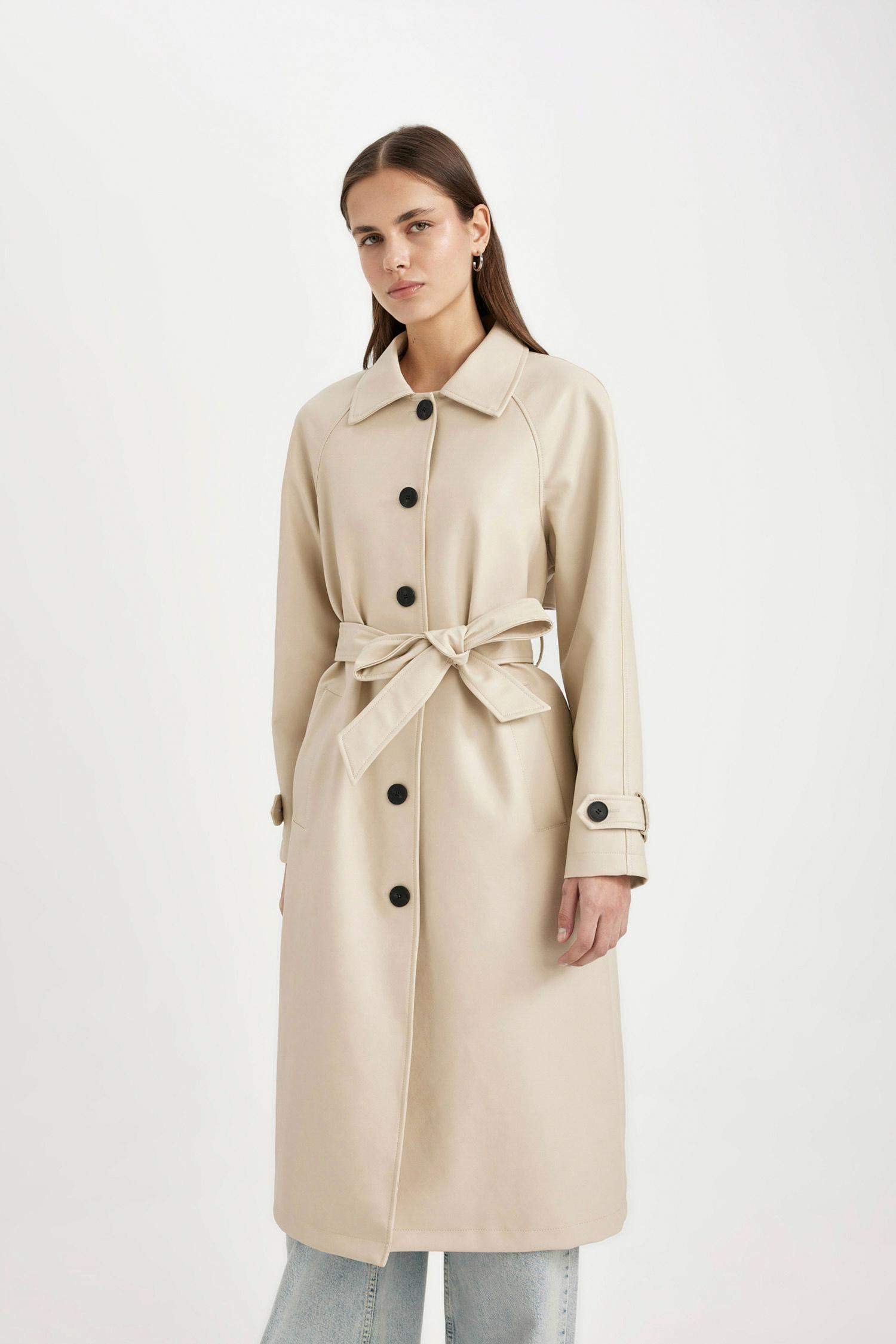 Su Geçirmez Suni Deri Trençkot Gömlek Yaka Düğmeli Cepli Apoletli Uzun