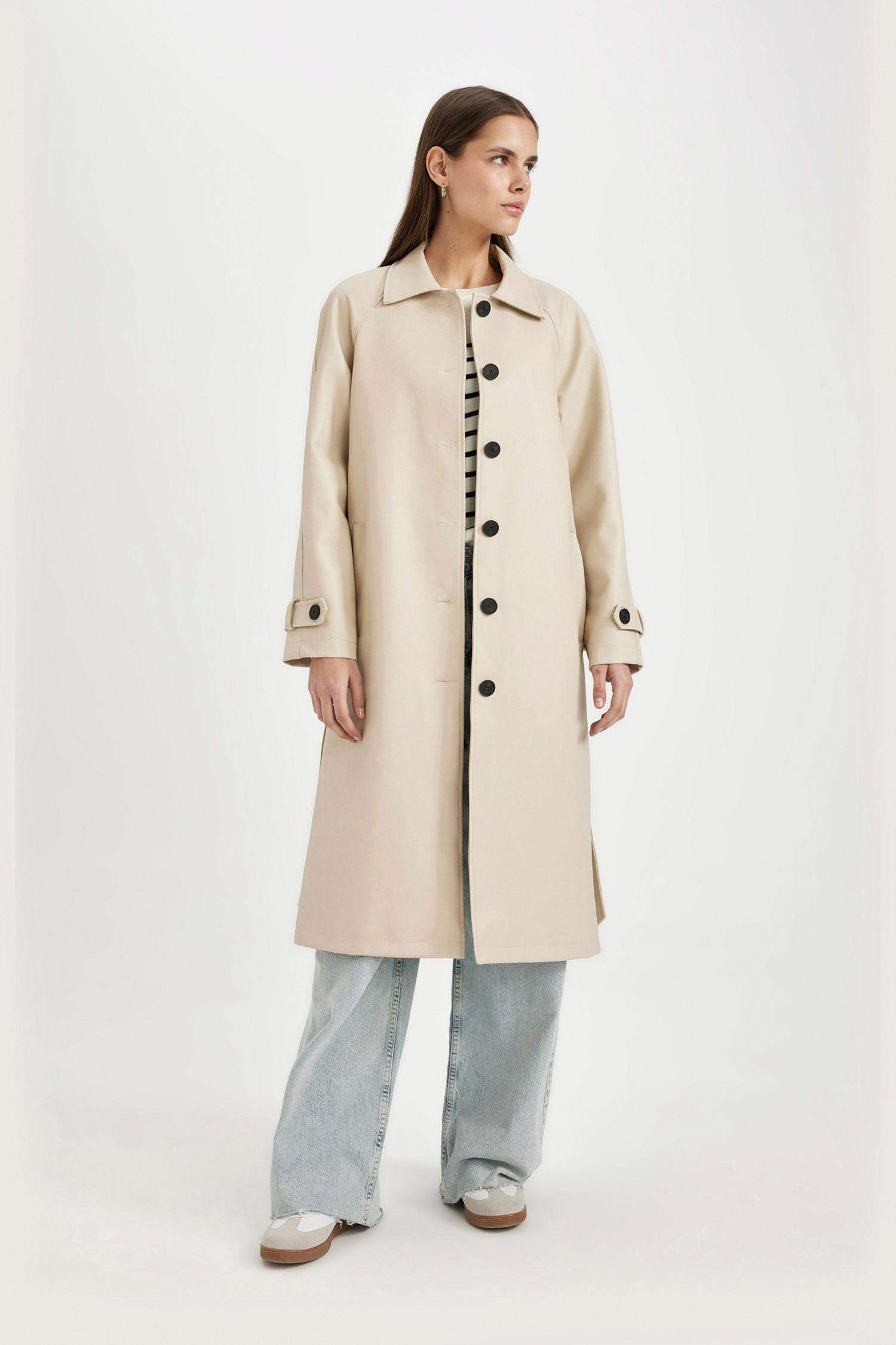 Su Geçirmez Suni Deri Trençkot Gömlek Yaka Düğmeli Cepli Apoletli Uzun