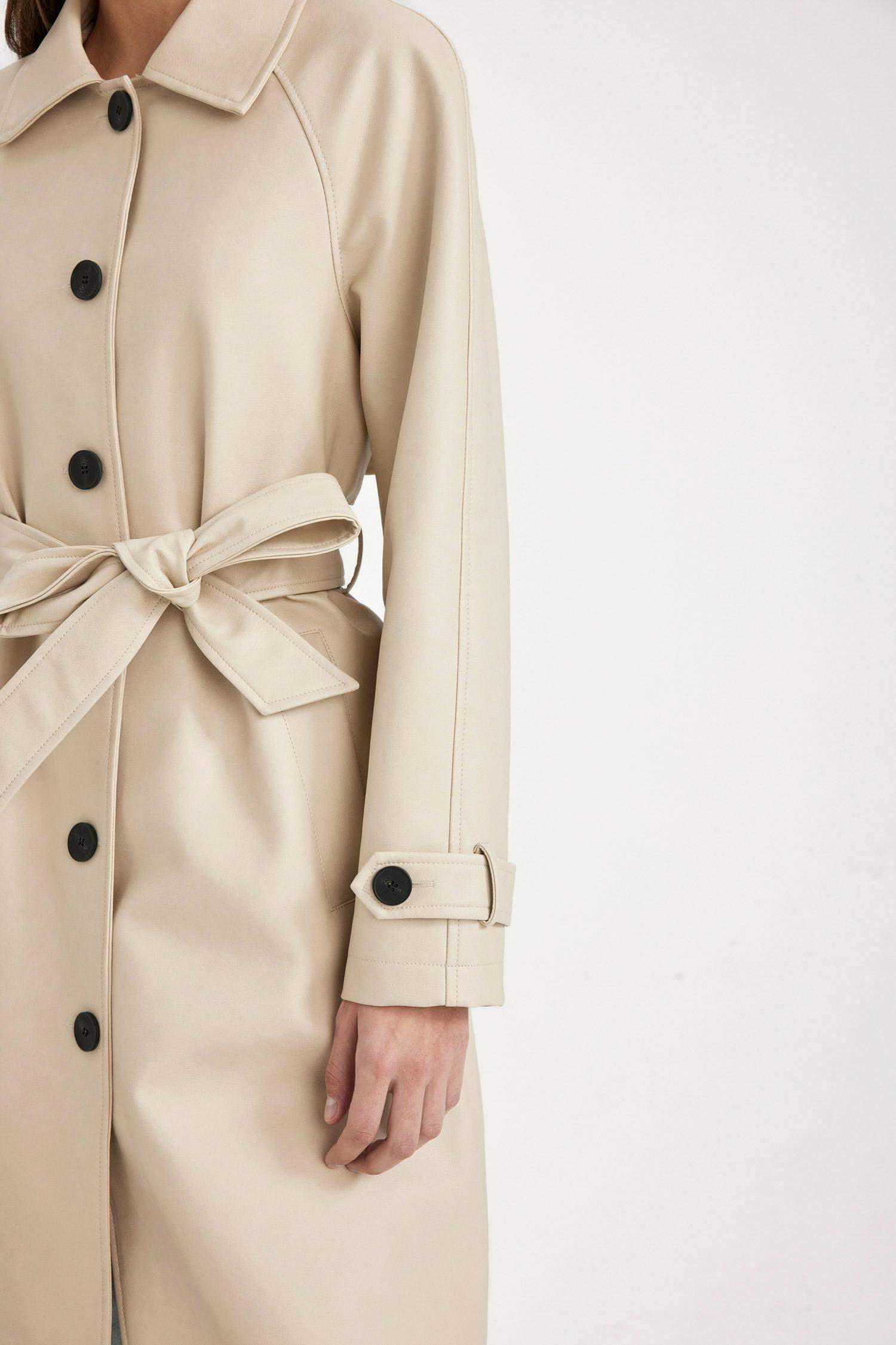 Su Geçirmez Suni Deri Trençkot Gömlek Yaka Düğmeli Cepli Apoletli Uzun