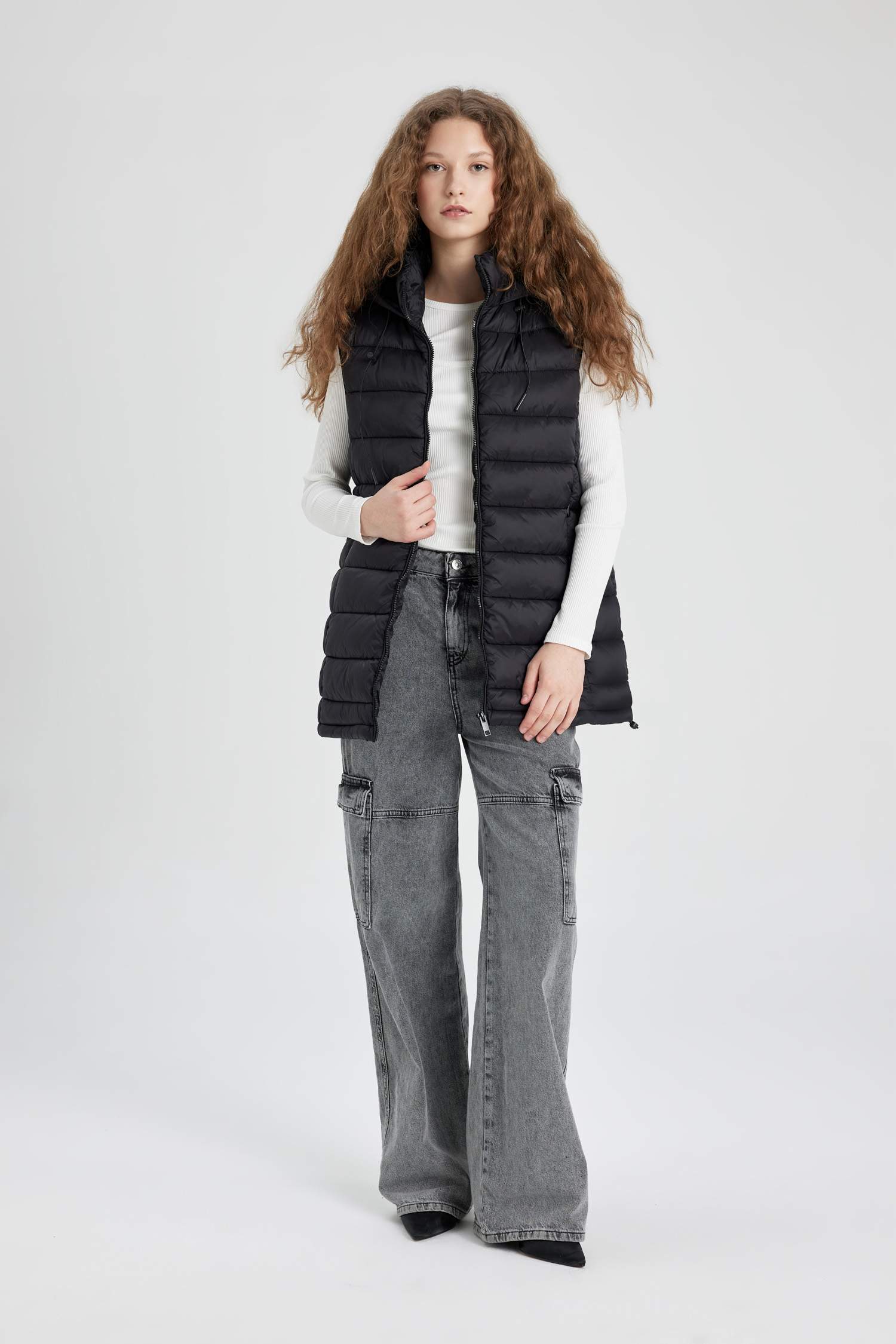 Su Geçirmez Şişme Yelek Kapüşonlu Fermuarlı Cepli Kalın Mevsimlik