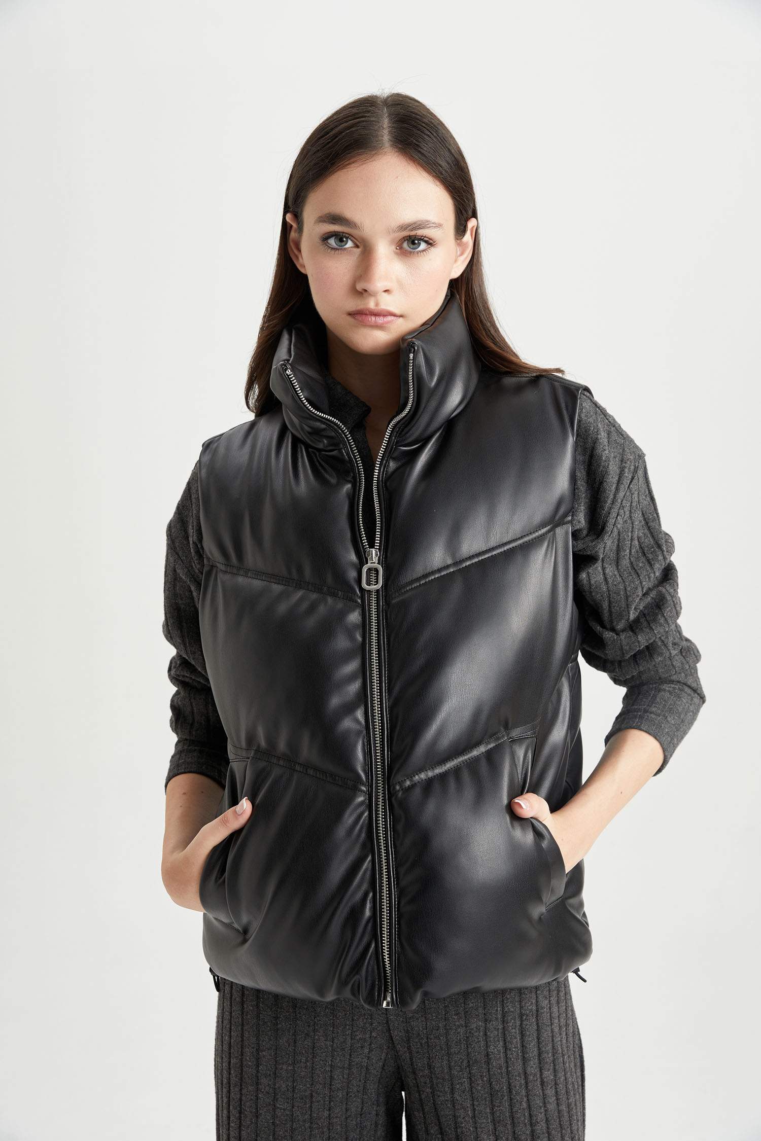 Waterproof Stand Collar Faux Leather Puffer Vest