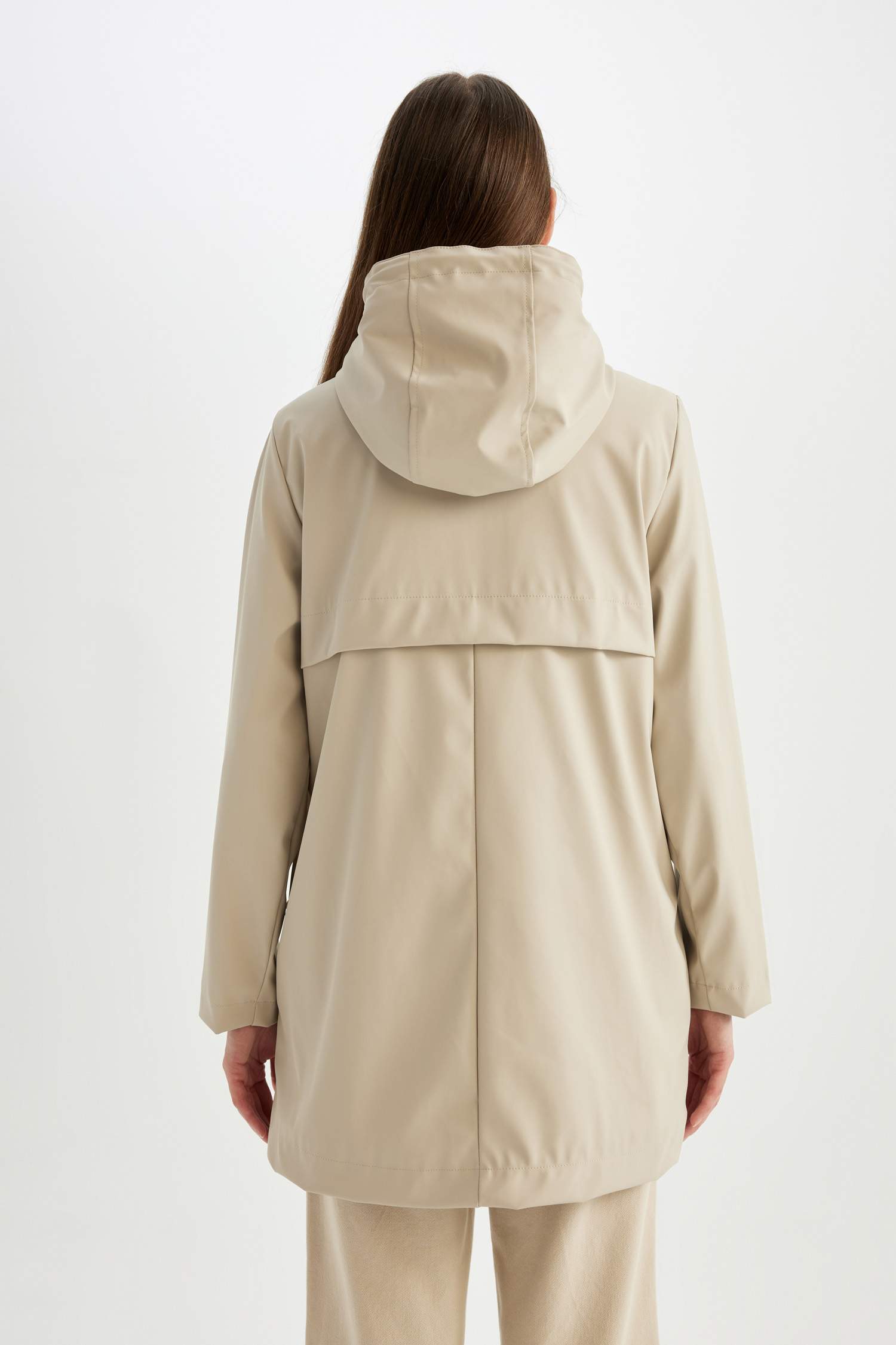 Su İtici Uzun Yağmurluk Polar Astarlı Kapüşonlu Fermuarlı Çıtçıtlı Cepli Mevsimlik Suni Deri