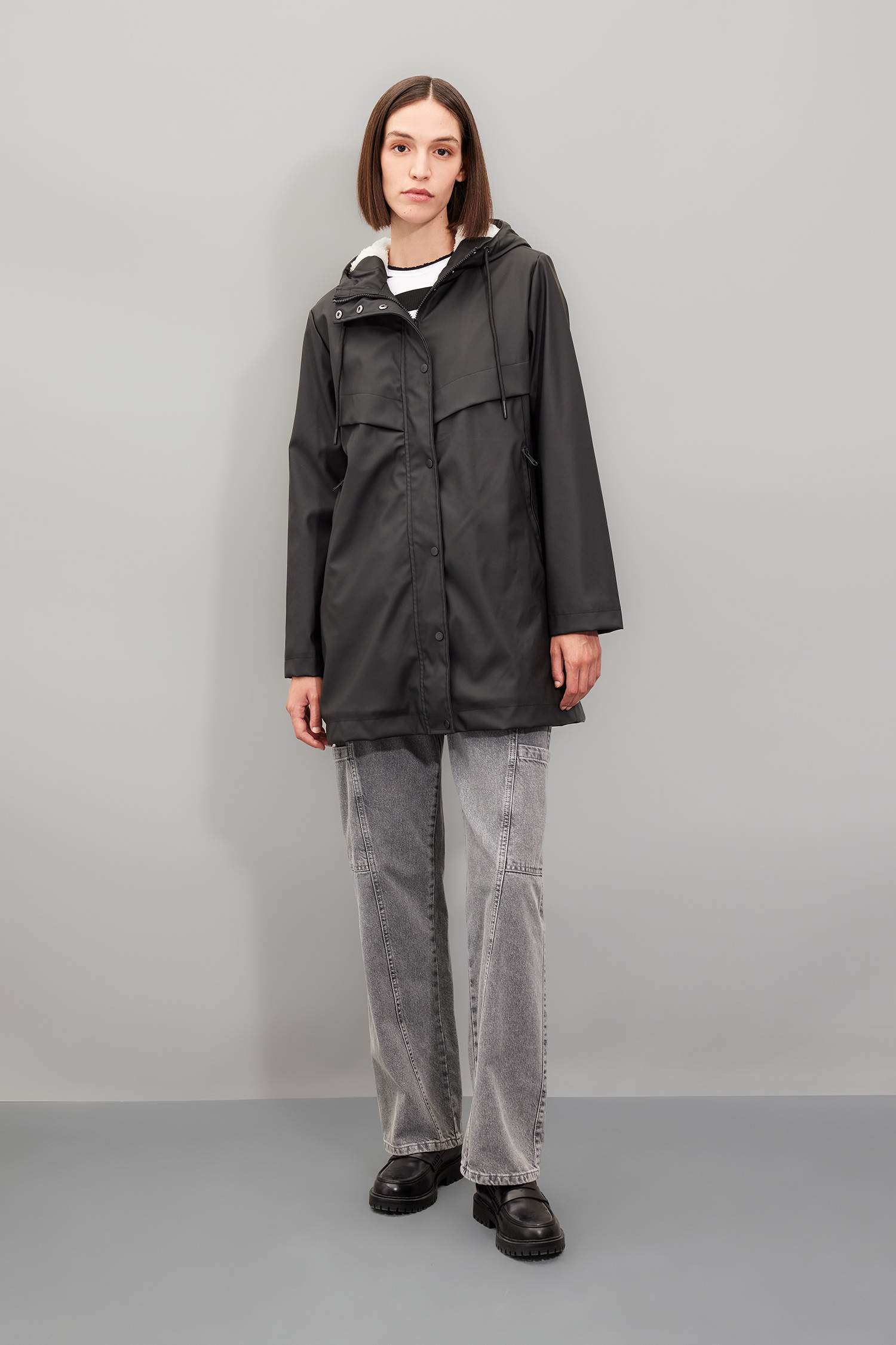 Su Geçirmez Uzun Yağmurluk Polar Astarlı Kapüşonlu Fermuarlı Çıtçıtlı Cepli Mevsimlik Suni Deri