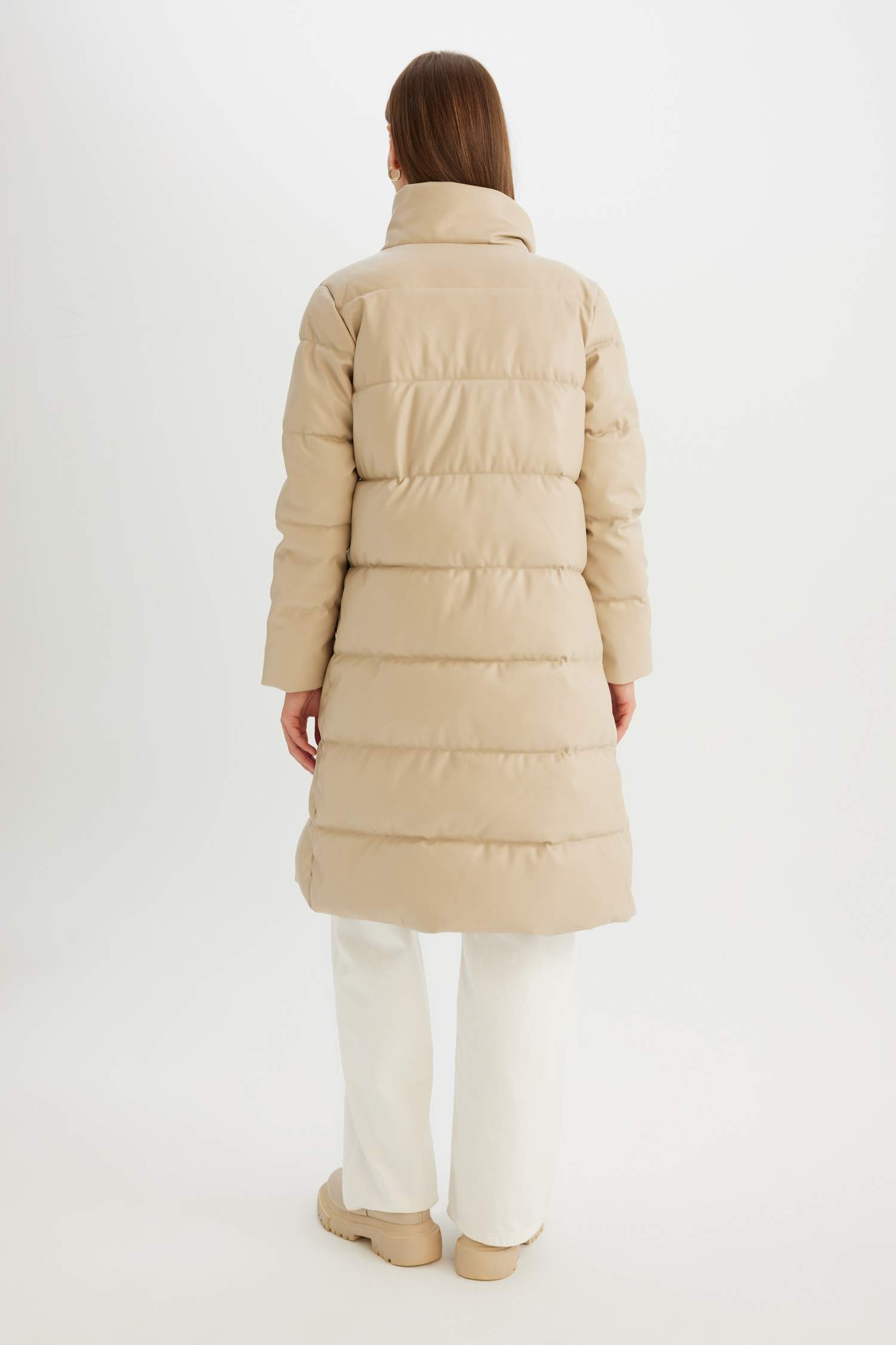 Su İtici Uzun Şişme Mont Parka Oversize Geniş Kalıp Dik Yaka Fermuarlı Suni Deri