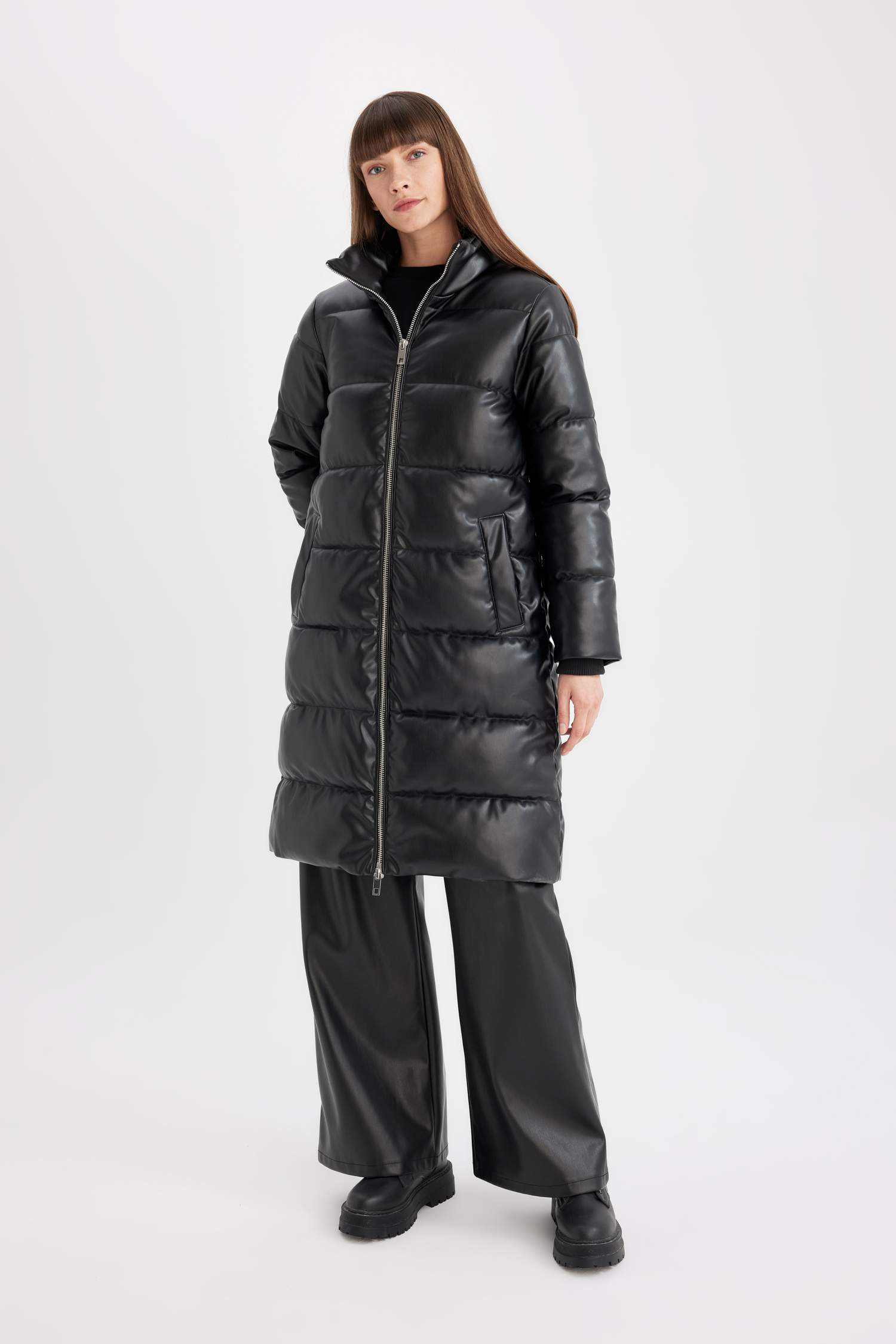 Waterproof Relax Fit Faux Leather Long Puffer Jacket