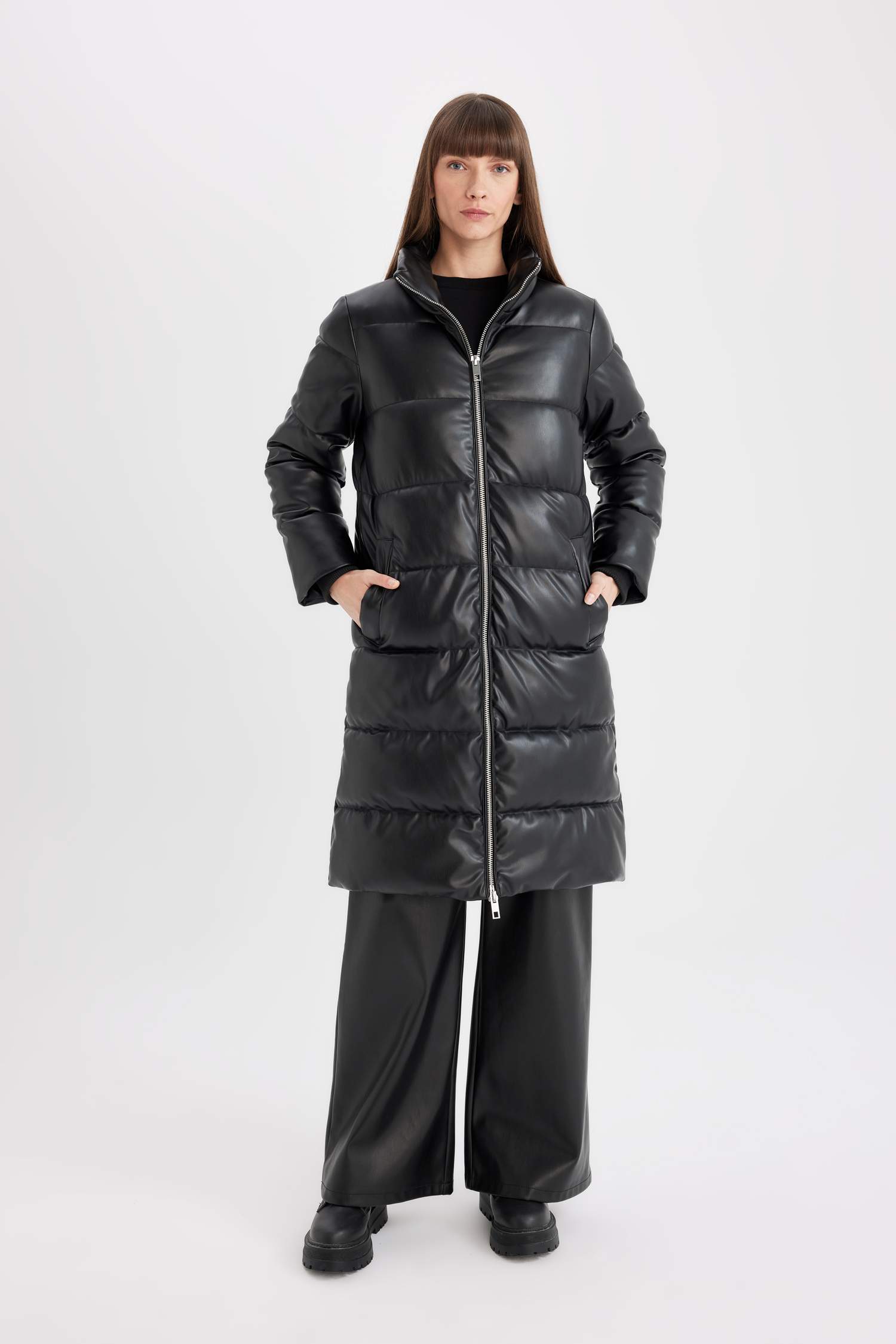 Waterproof Relax Fit Faux Leather Long Puffer Jacket