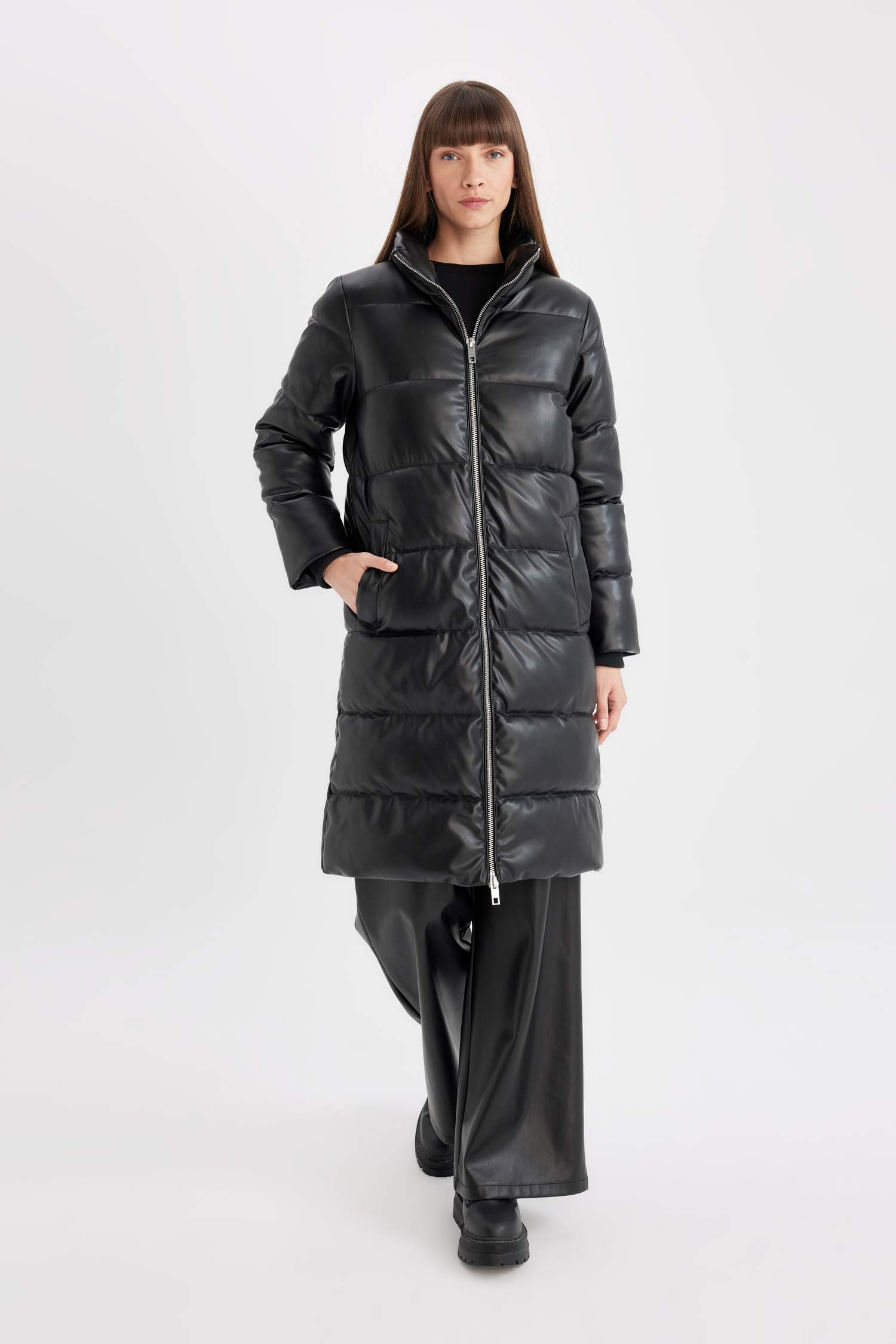 Waterproof Relax Fit Faux Leather Long Puffer Jacket