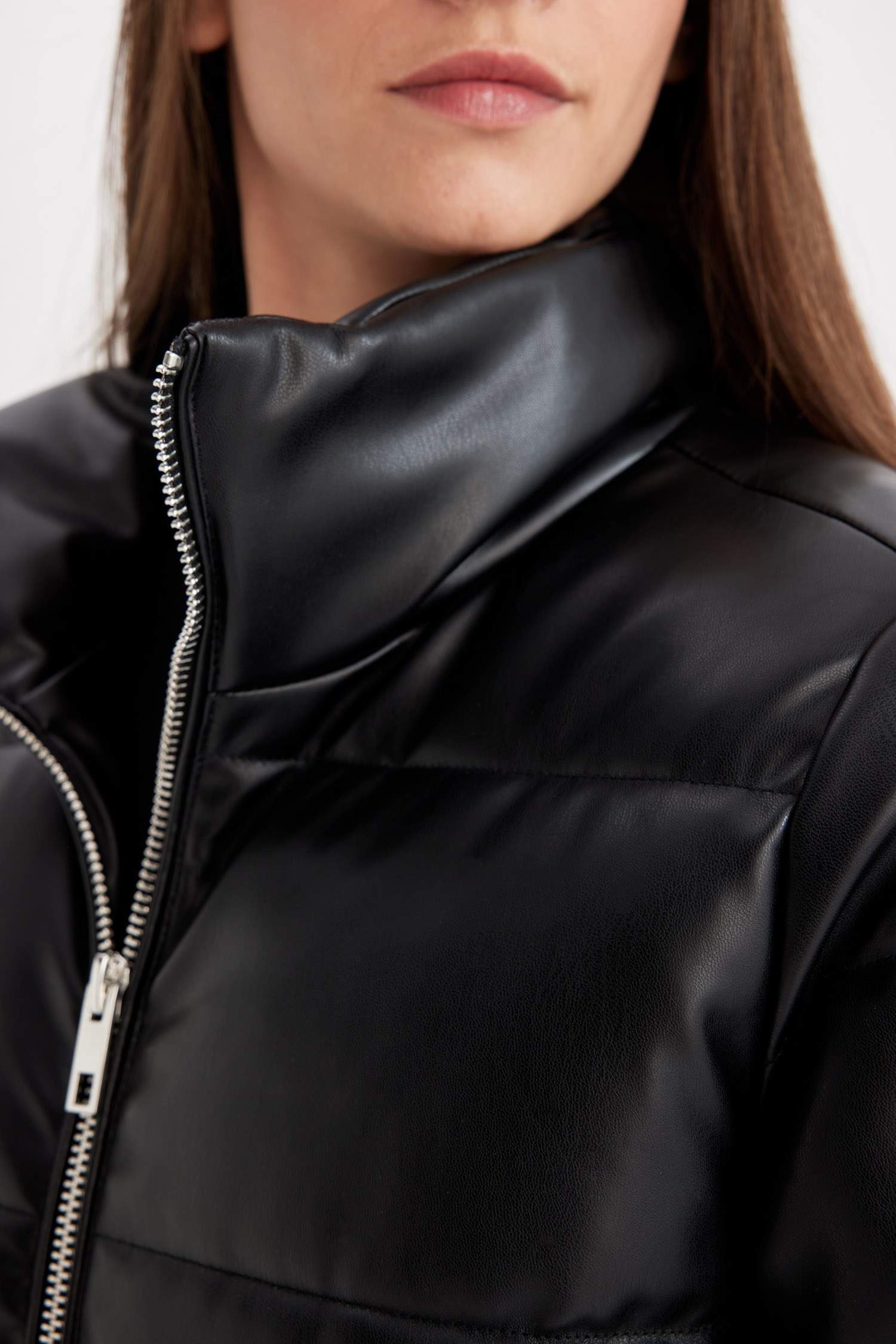 Waterproof Relax Fit Faux Leather Long Puffer Jacket