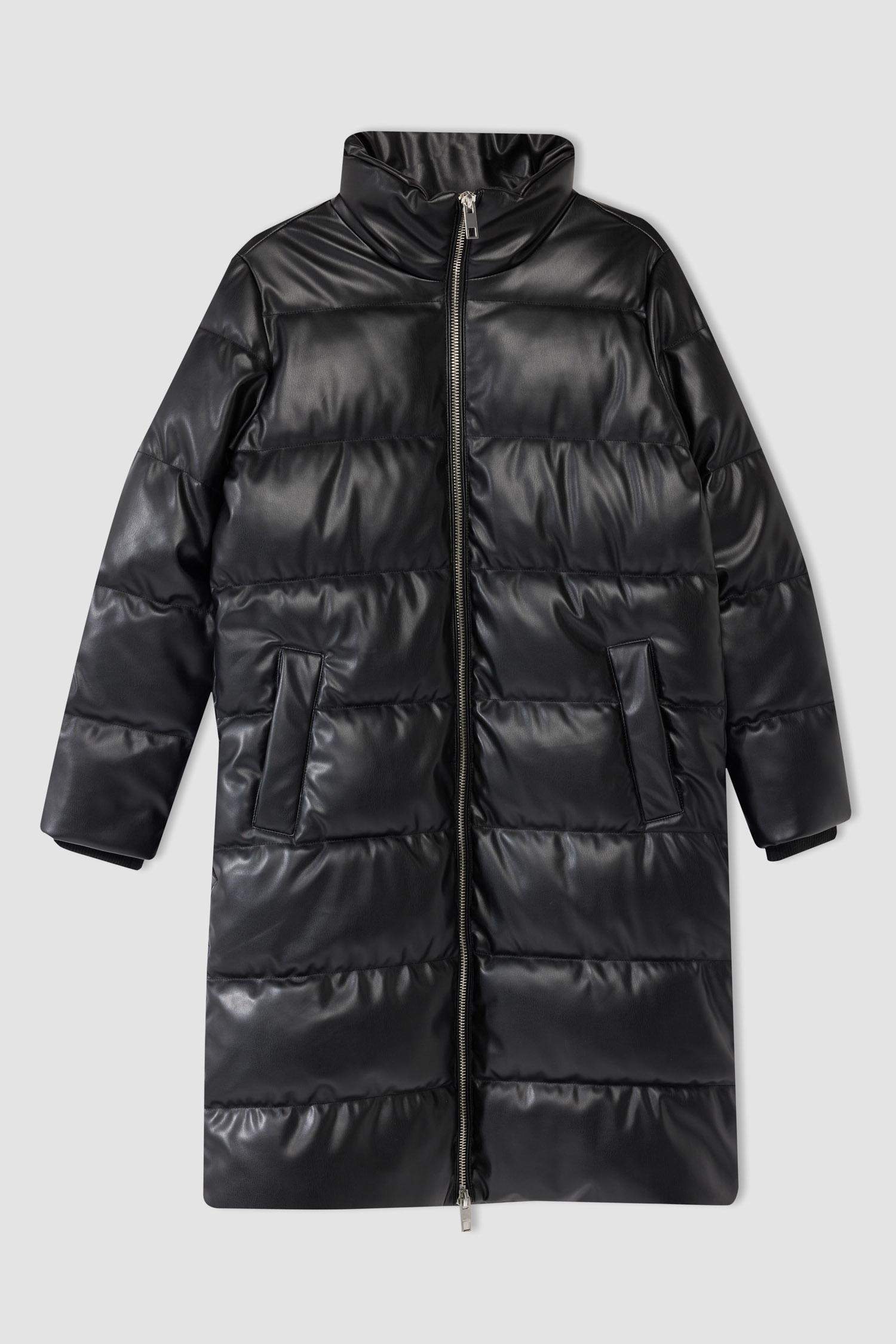 Su Geçirmez Uzun Şişme Mont Parka Oversize Geniş Kalıp Dik Yaka Fermuarlı Suni Deri