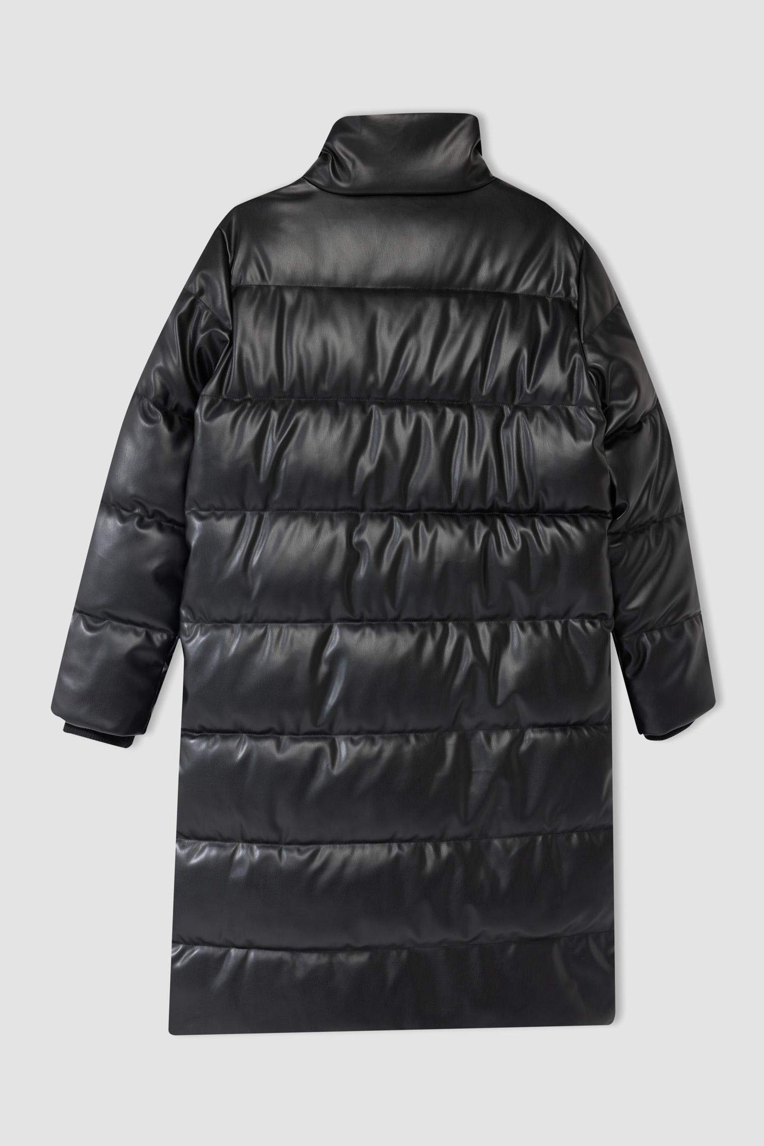 Su Geçirmez Uzun Şişme Mont Parka Oversize Geniş Kalıp Dik Yaka Fermuarlı Suni Deri