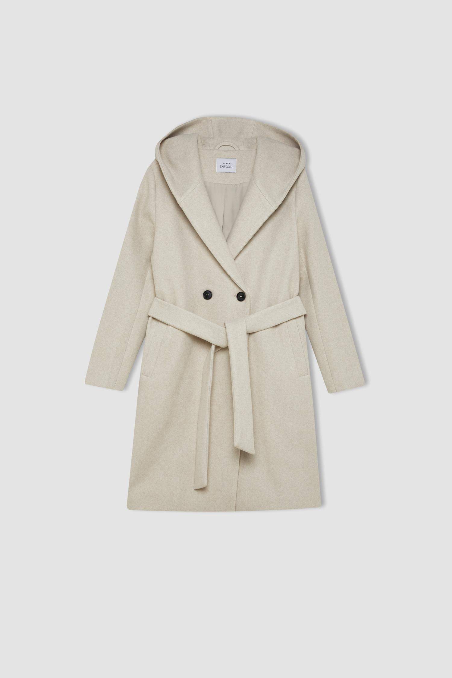 Uzun Kaşe Kaban Kapüşonlu Düğmeli Kemerli