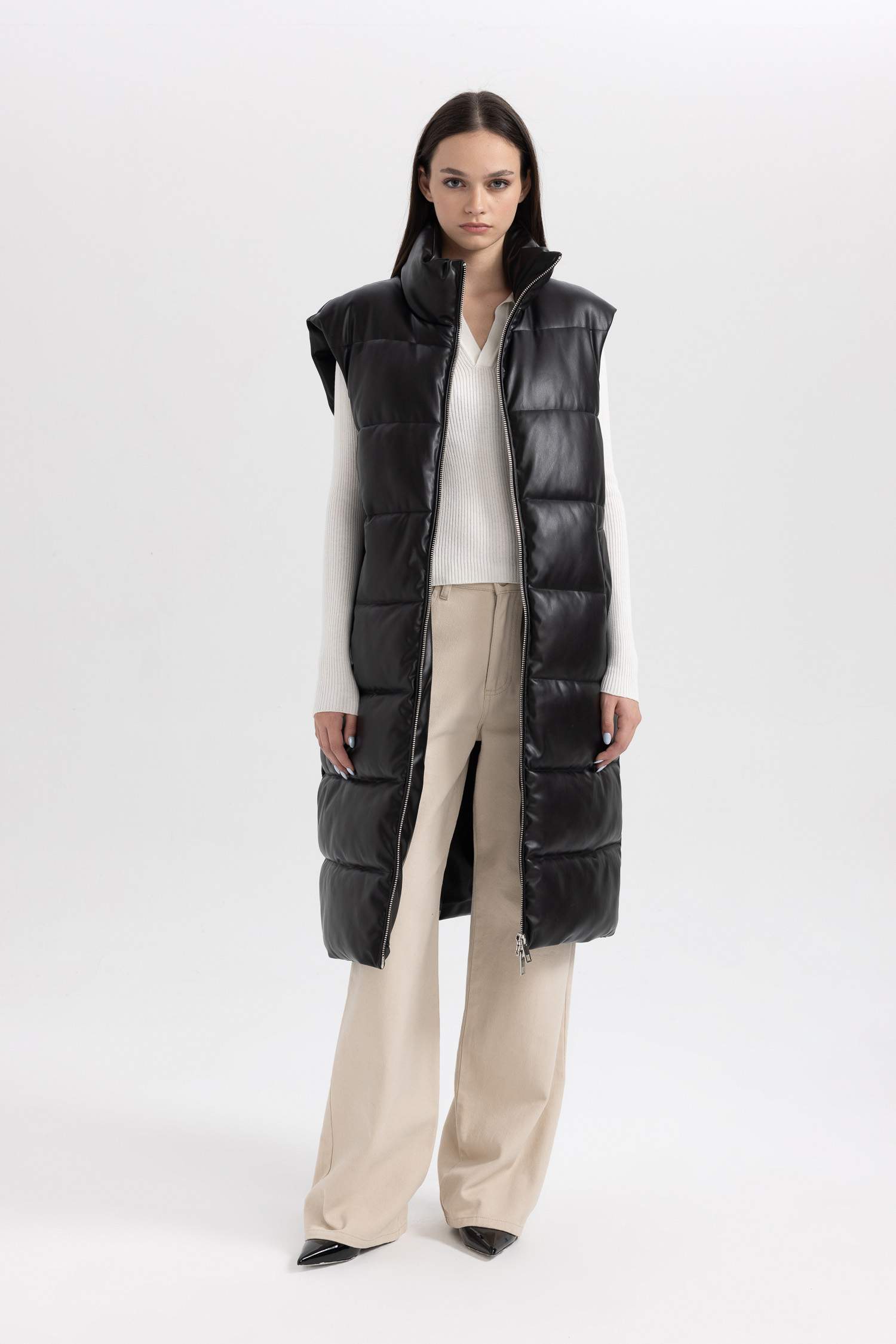 Su İtici Oversize Geniş Kalıp Dik Yaka Suni Deri Uzun Şişme Yelek