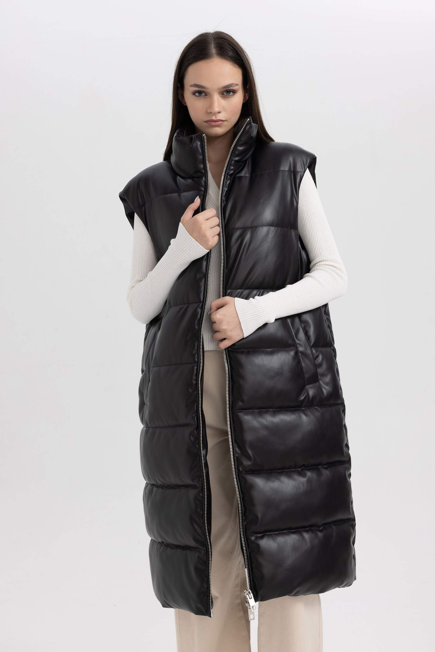 Su İtici Oversize Geniş Kalıp Dik Yaka Suni Deri Uzun Şişme Yelek