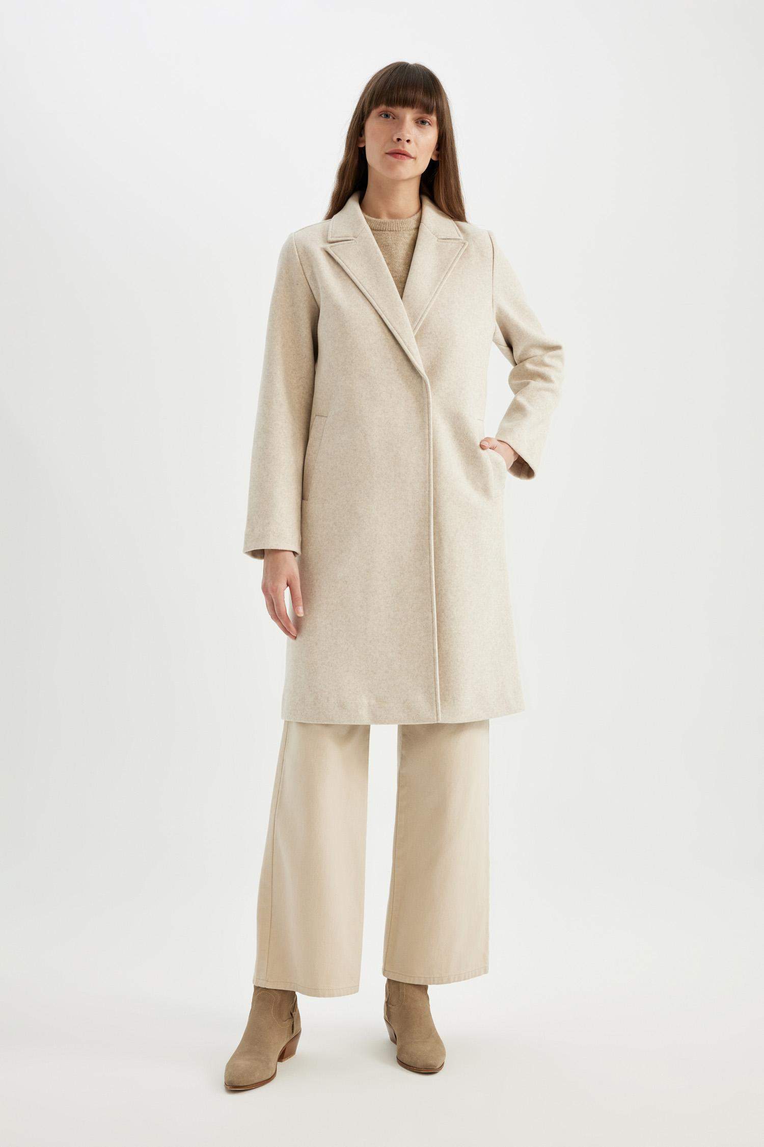 Uzun Kaşe Kaban Regular Fit Kruvaze Yaka Çıtçıtlı Cepli