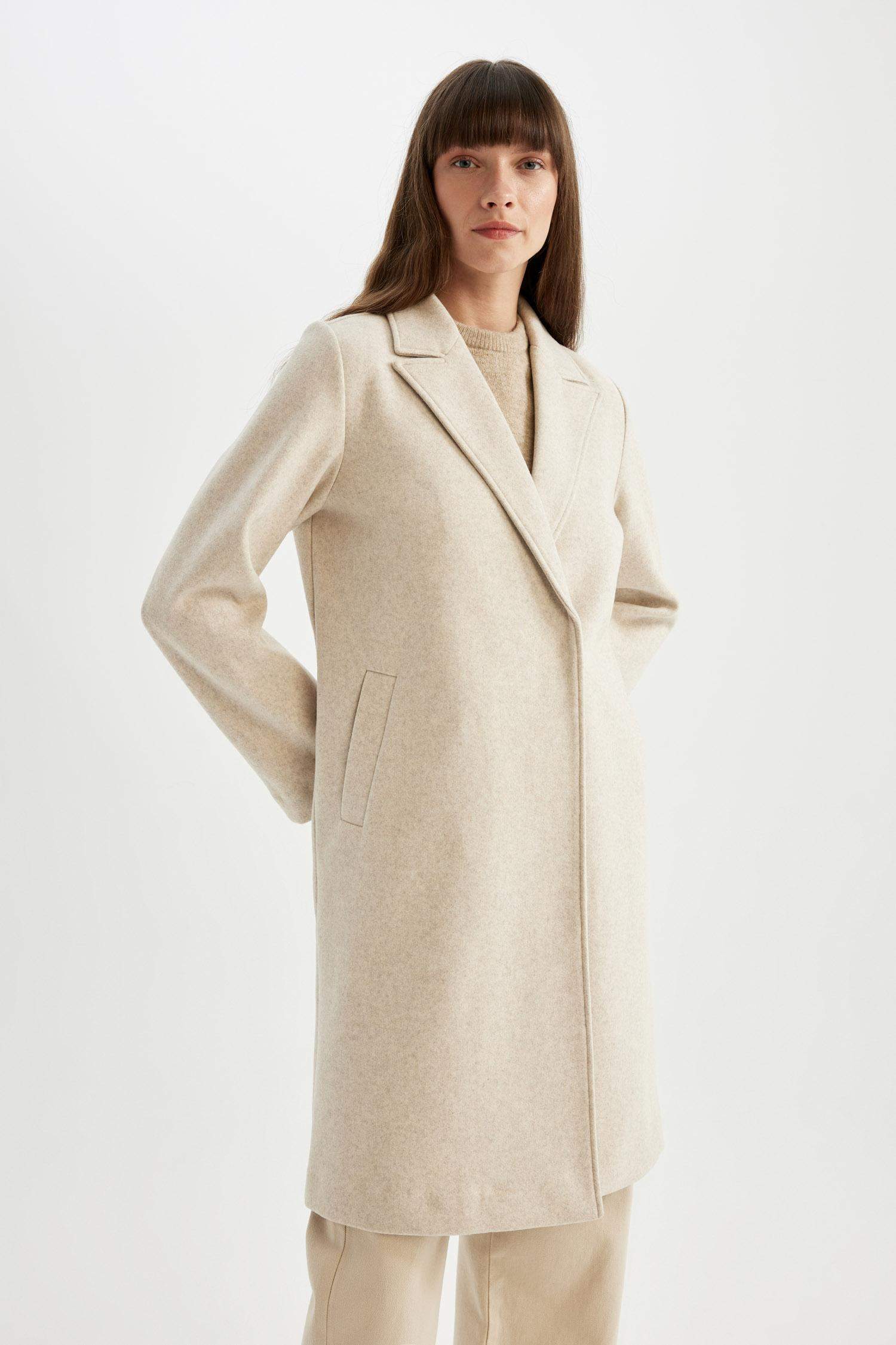 Uzun Kaşe Kaban Regular Fit Kruvaze Yaka Çıtçıtlı Cepli