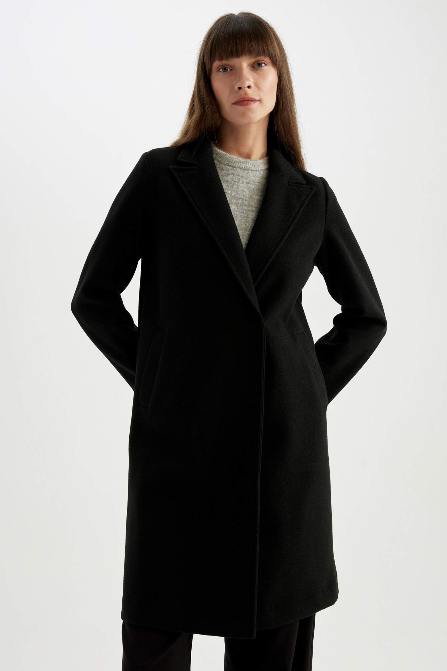 Uzun Kaşe Kaban Regular Fit Kruvaze Yaka Çıtçıtlı Cepli