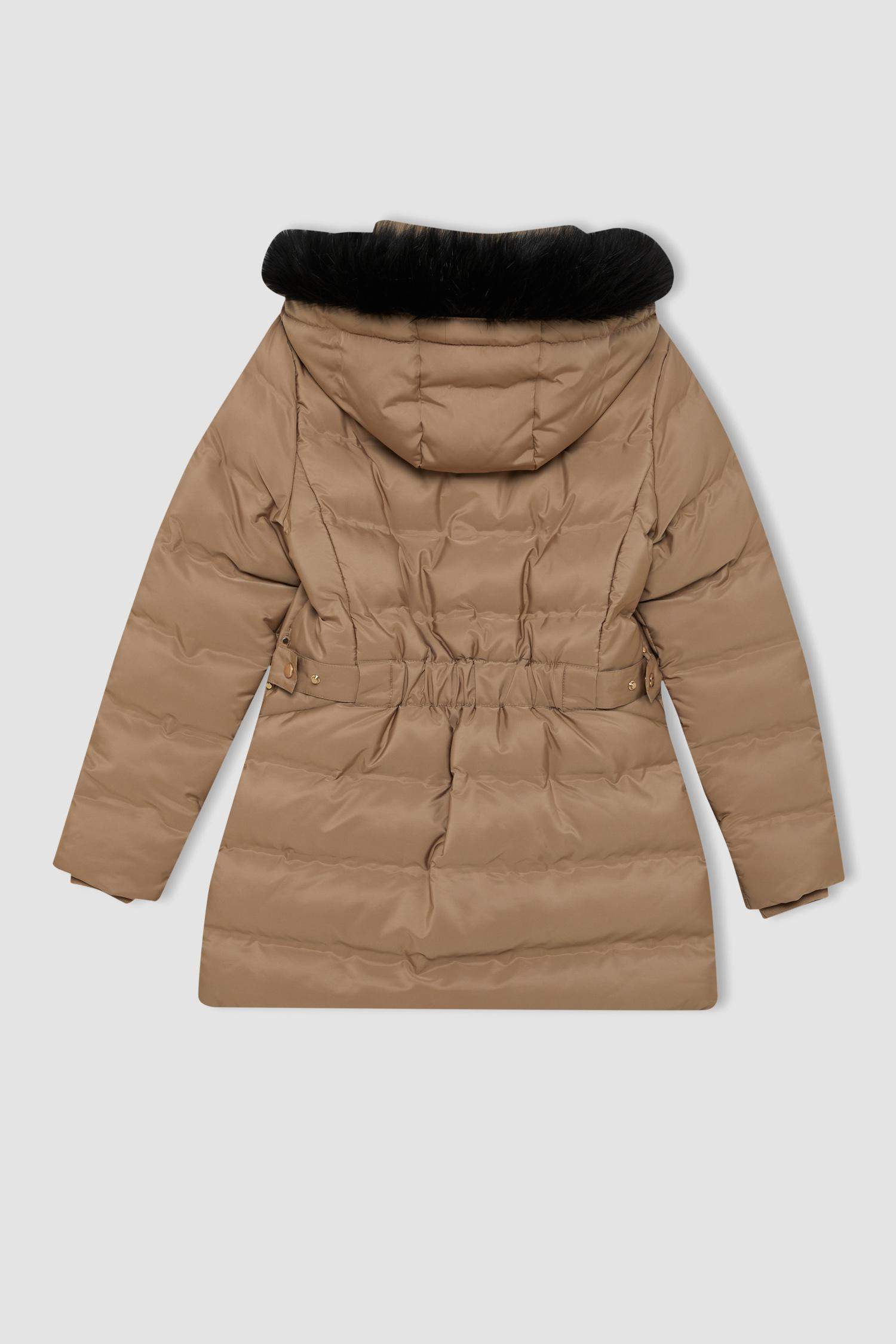 Su Geçirmez Uzun Mont Parka Isı Yalıtımlı Kemerli Kapüşonlu Suni Kürklü Hafif