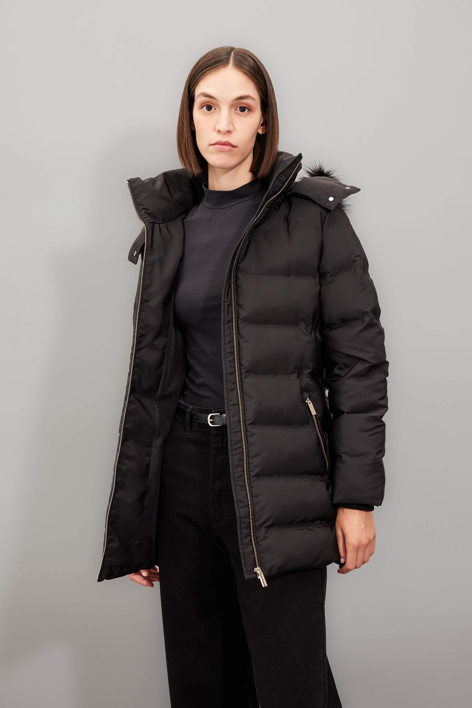 Su Geçirmez Uzun Mont Parka Isı Yalıtımlı Kemerli Kapüşonlu Suni Kürklü Hafif