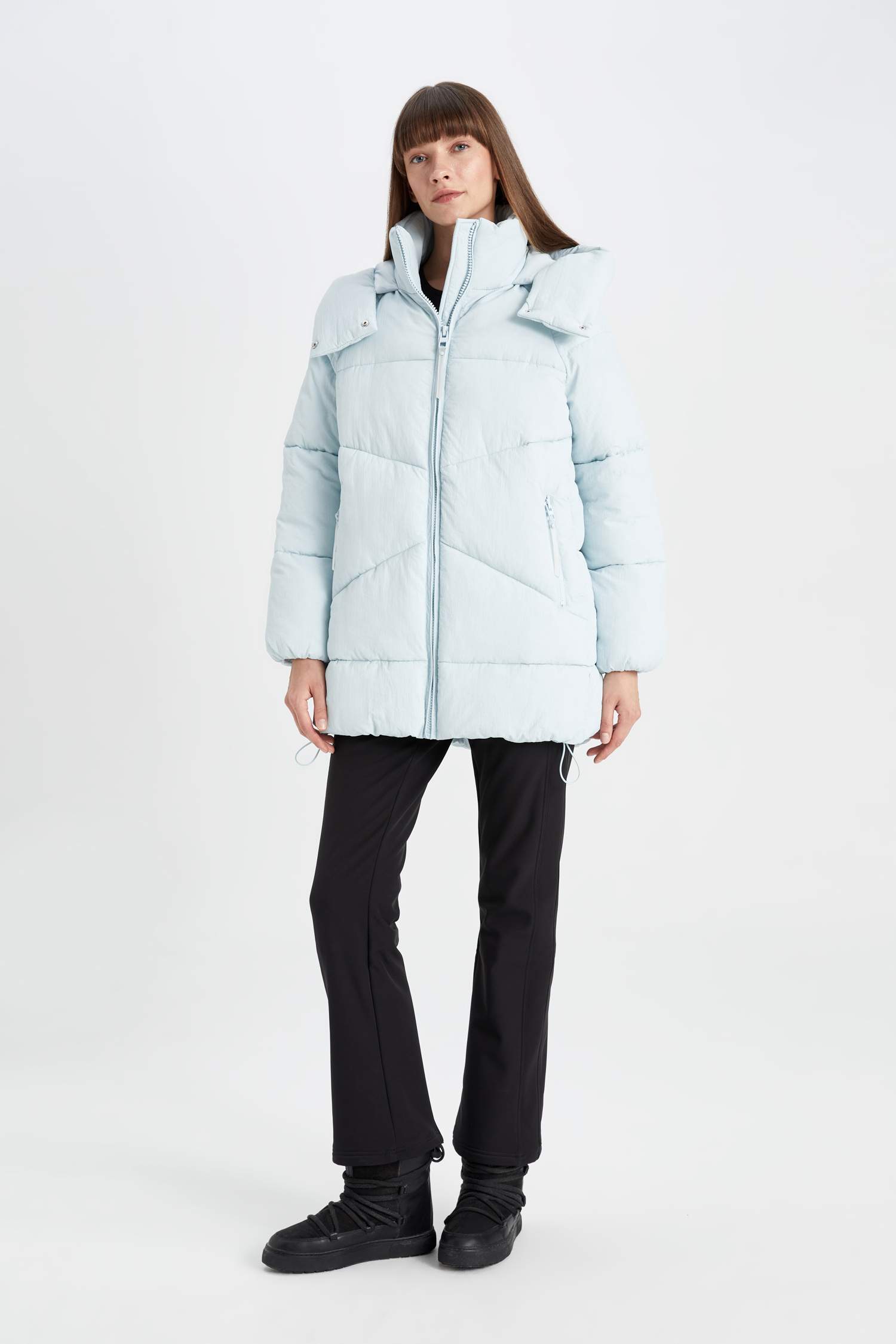 Su Geçirmez Oversize Geniş Kalıp Şişme Uzun Mont Parka Isı Yalıtımlı Kapüşonlu Cepli