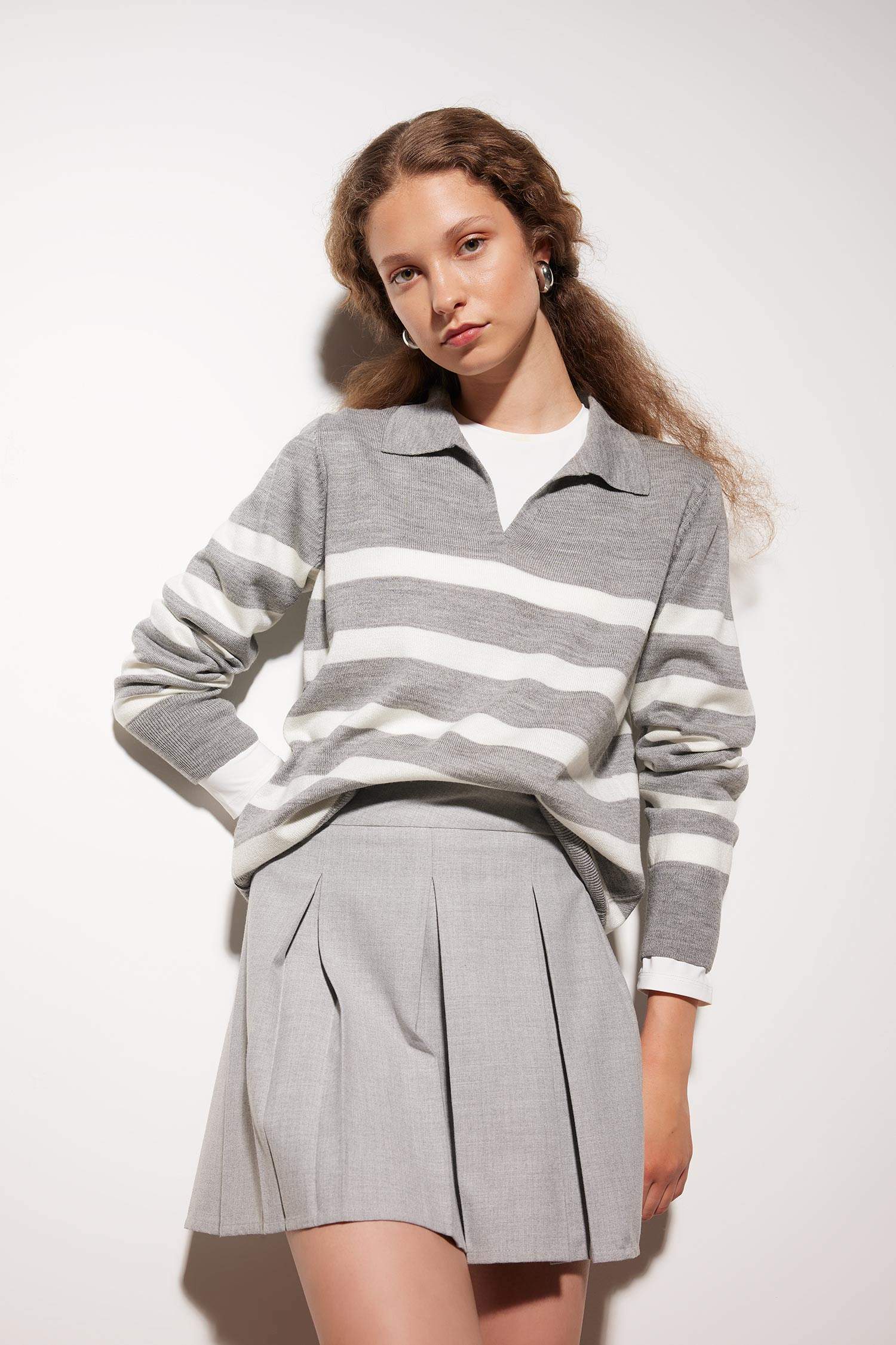 Regular Fit Polo Yaka Çizgili Triko Kazak