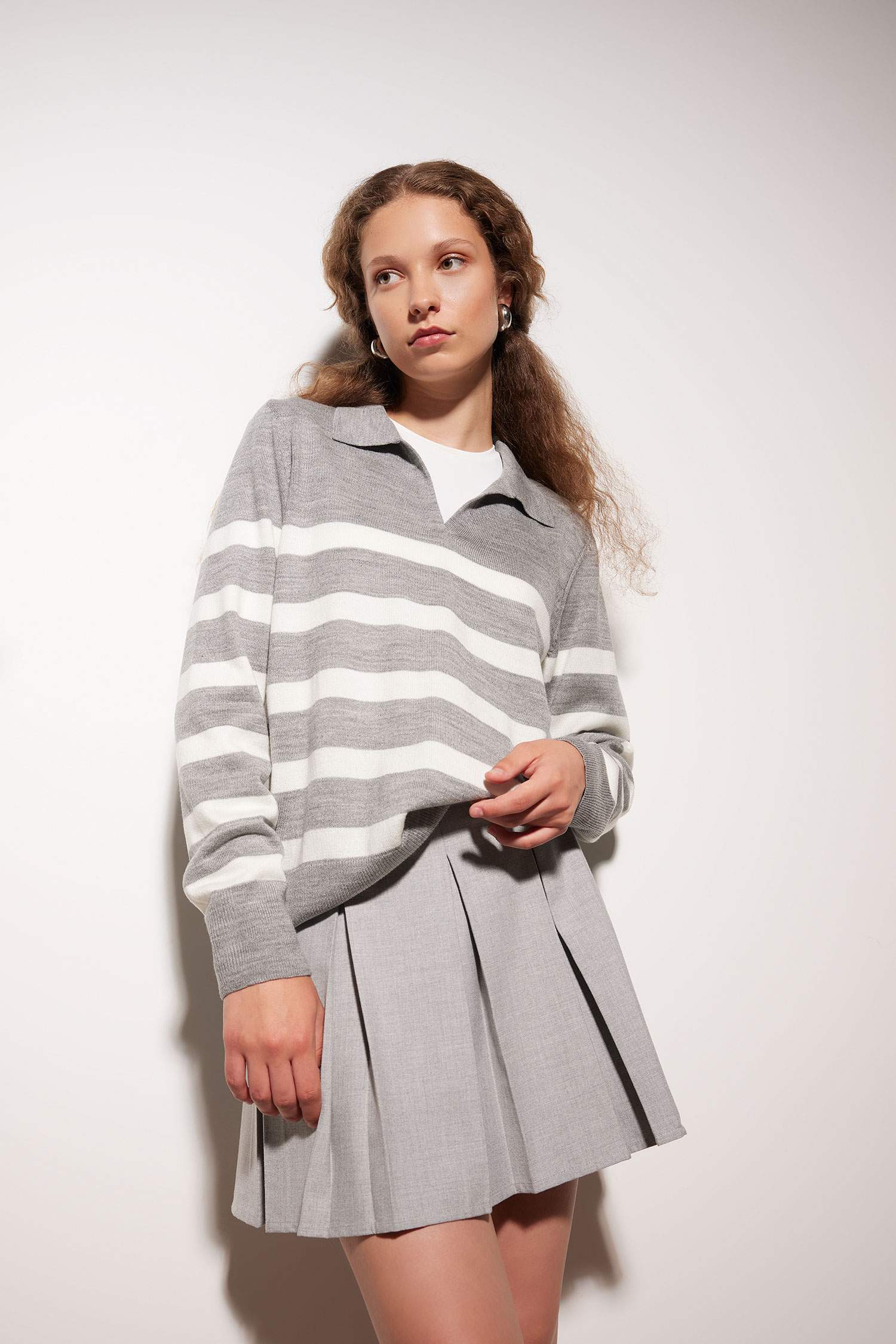 Regular Fit Polo Yaka Çizgili Triko Kazak