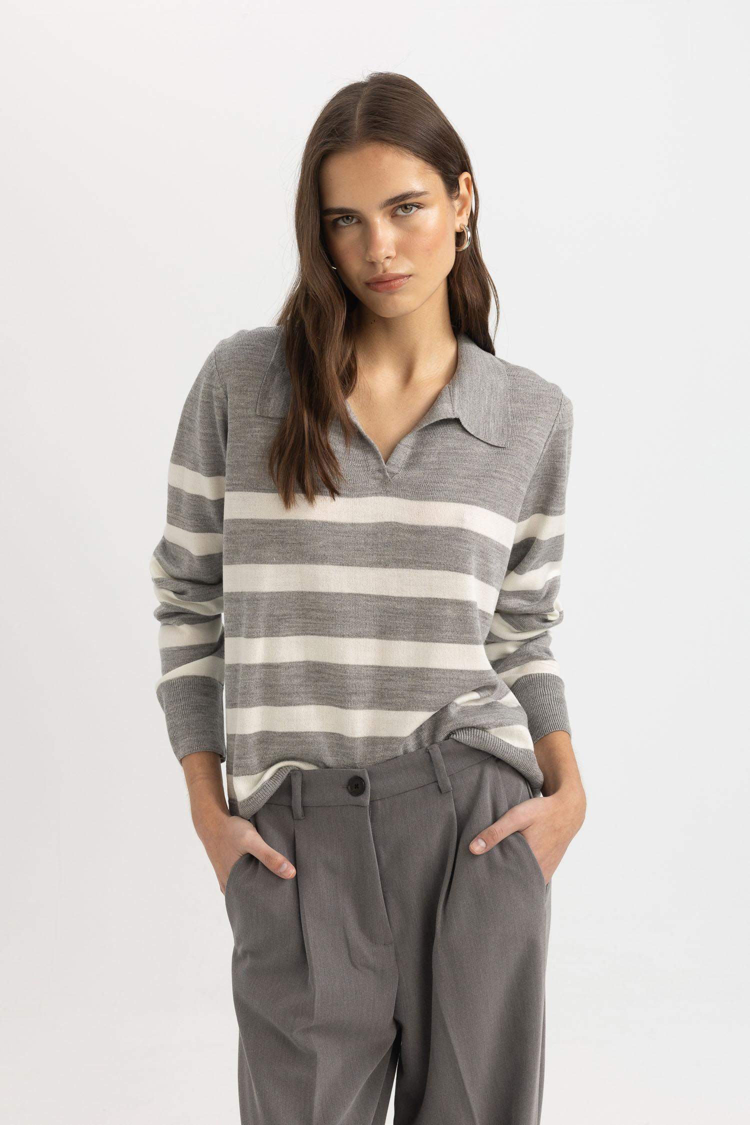 Regular Fit Polo Yaka Çizgili Triko Kazak