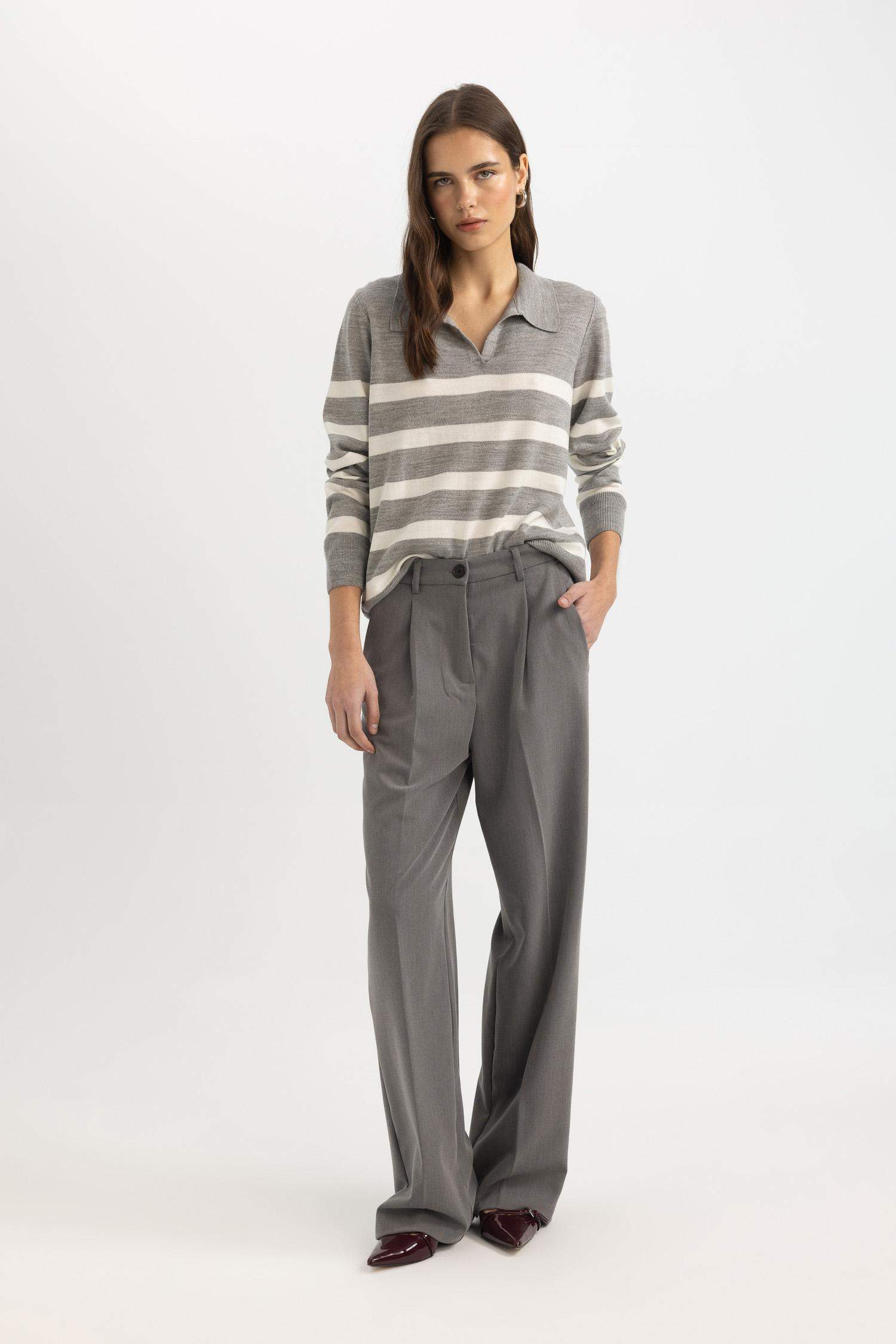 Regular Fit Polo Yaka Çizgili Triko Kazak