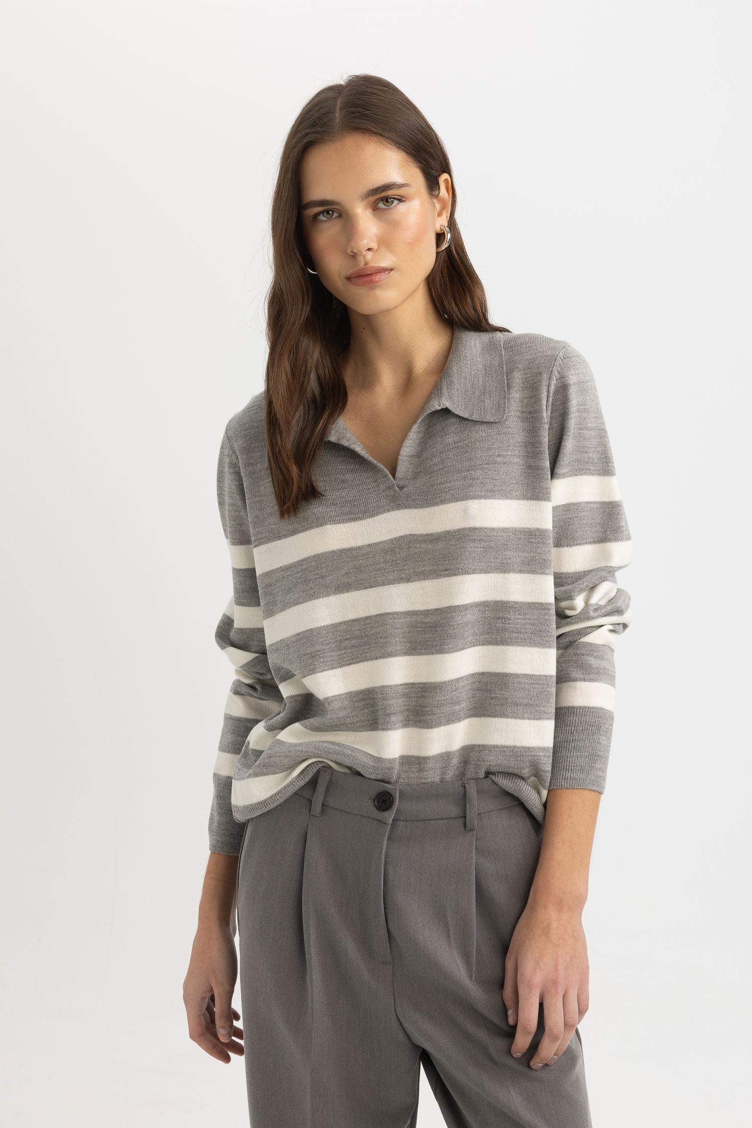 Regular Fit Polo Yaka Çizgili Triko Kazak