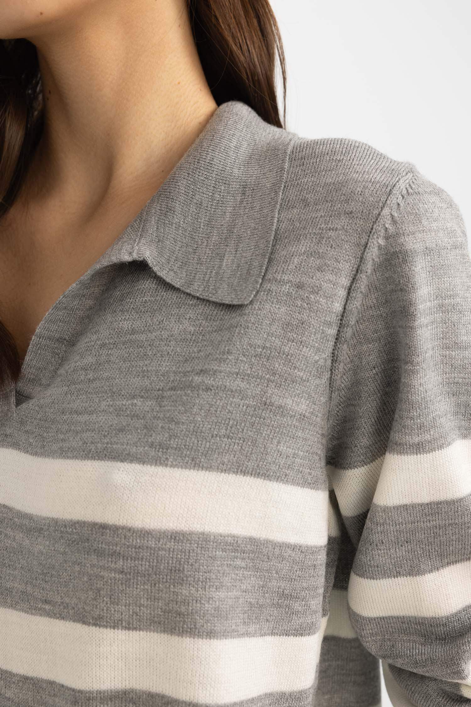 Regular Fit Polo Yaka Çizgili Triko Kazak