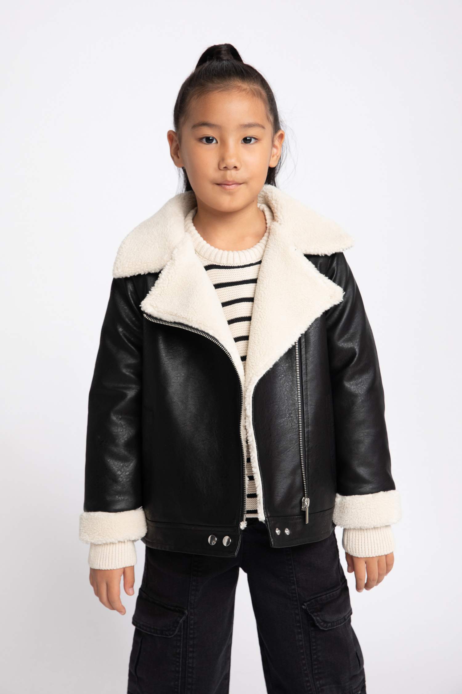 Black GIRLS & TEENS Plush Faux Leather Coat 2785425 | DeFacto