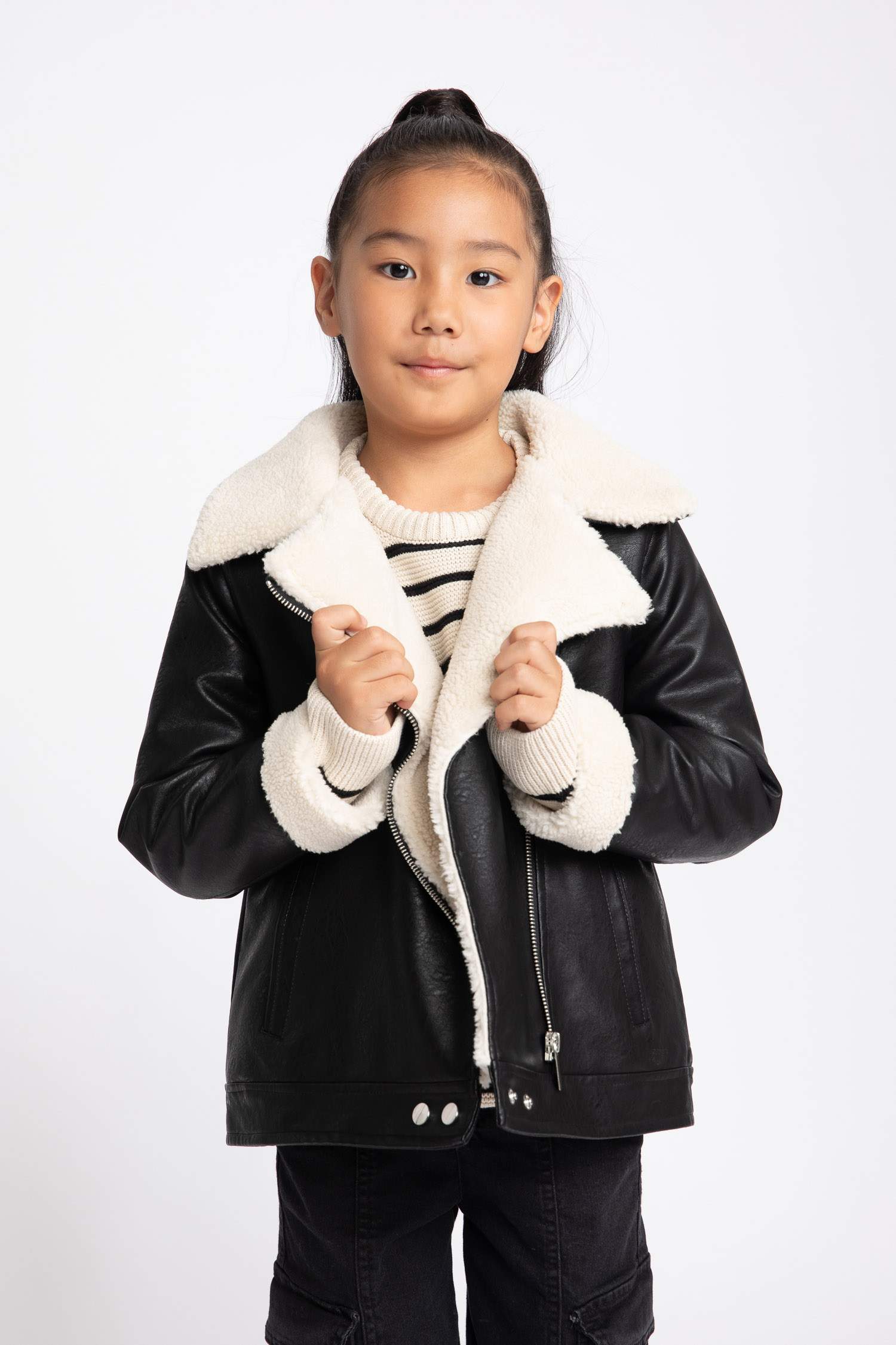 Black GIRLS & TEENS Plush Faux Leather Coat 2785425 | DeFacto