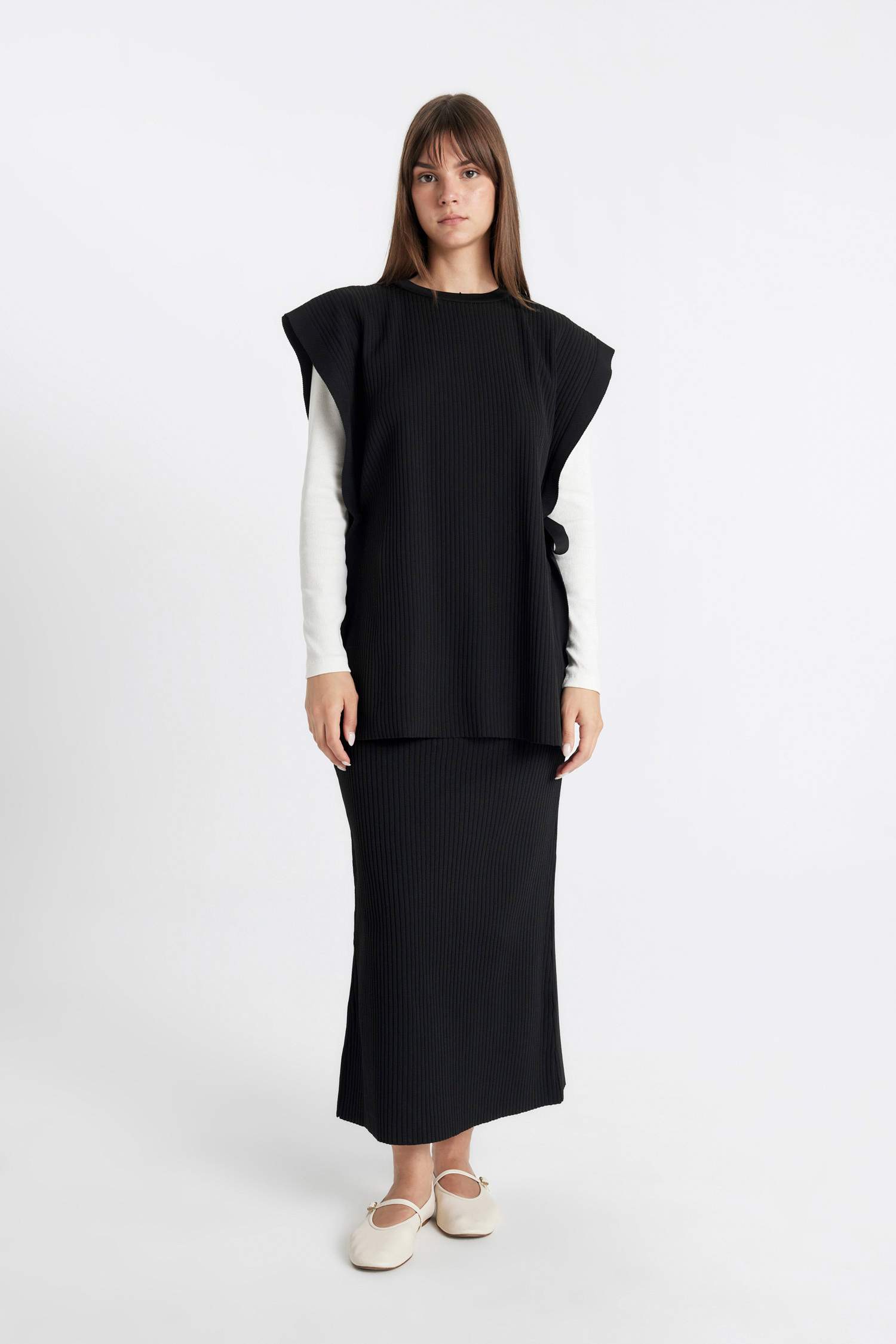 Regular Fit Basic Düz Maxi Siyah Triko Etek