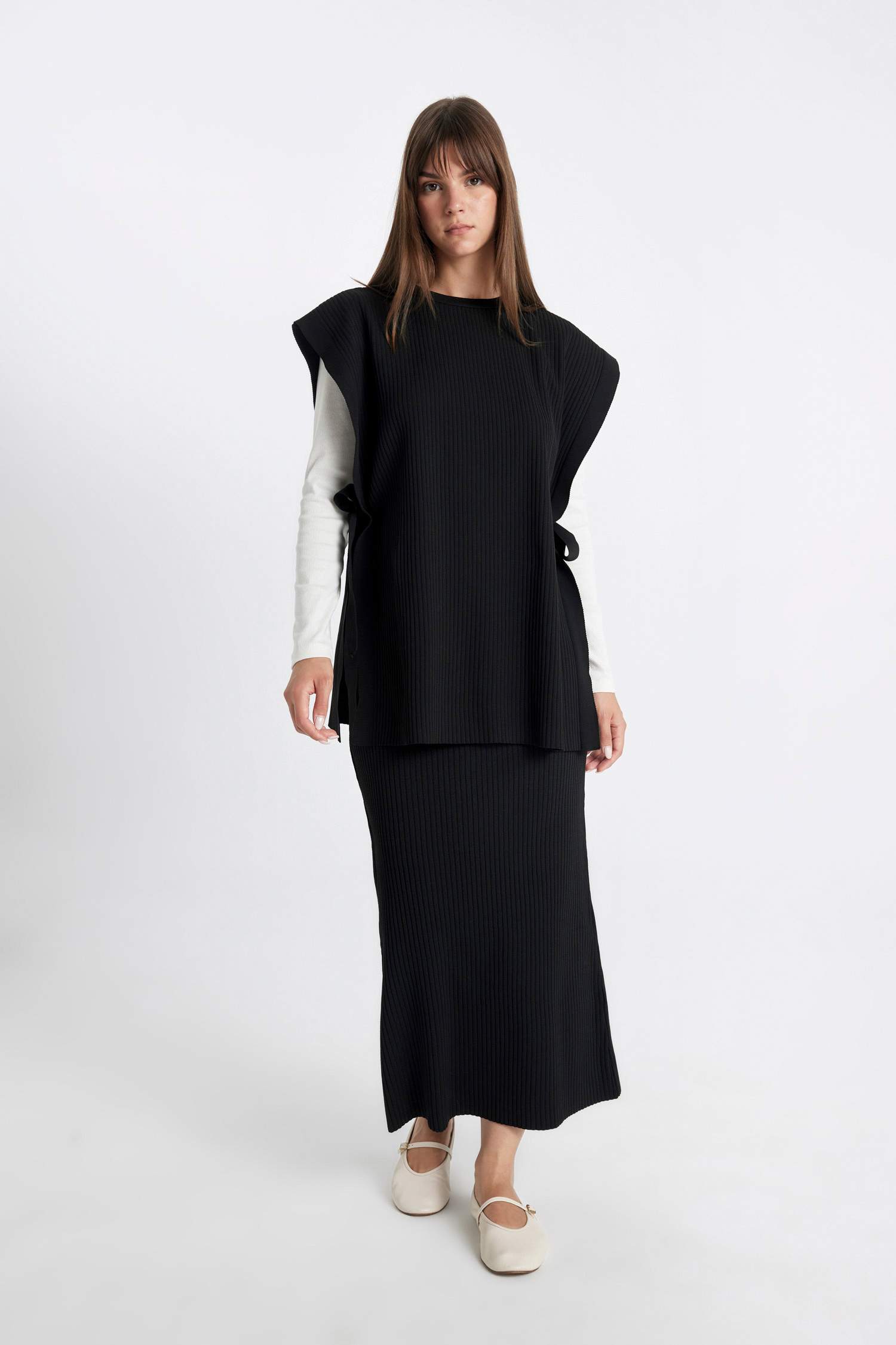 Regular Fit Basic Düz Maxi Siyah Triko Etek