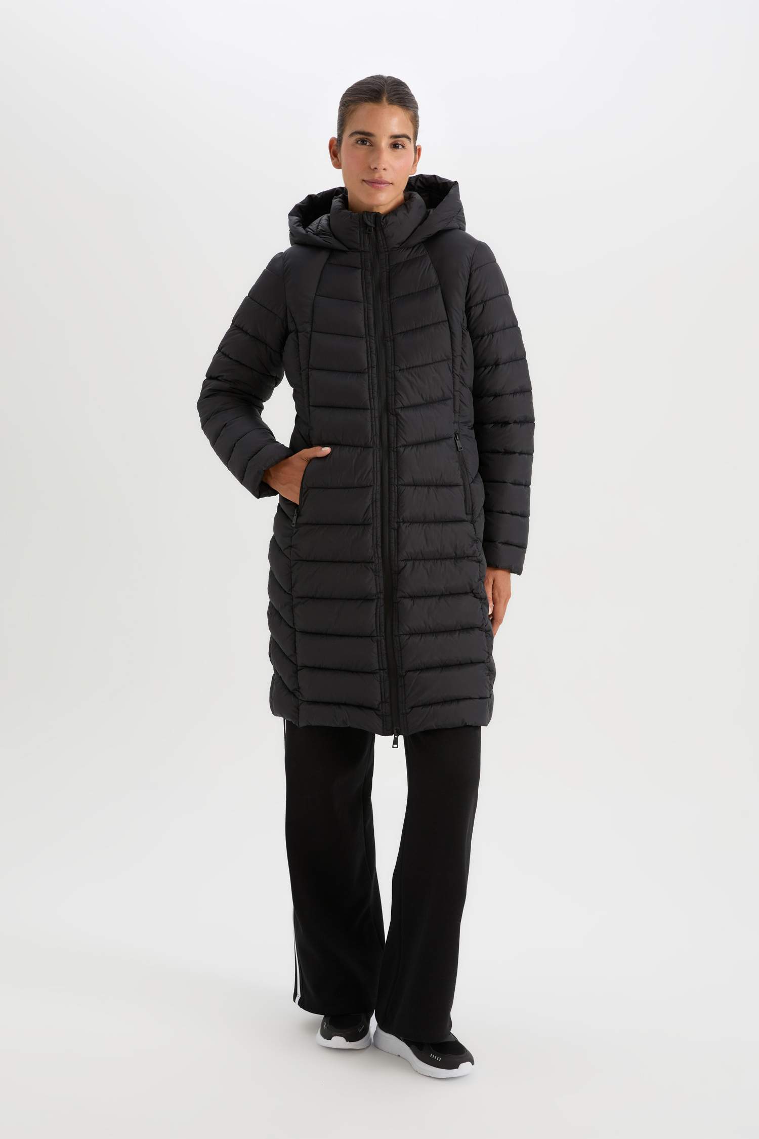 DeFactoFit Su İtici Slim Fit Dar Kesim Kapüşonlu Kapitoneli Fermuarlı Cepli Uzun Şişme Mont Parka