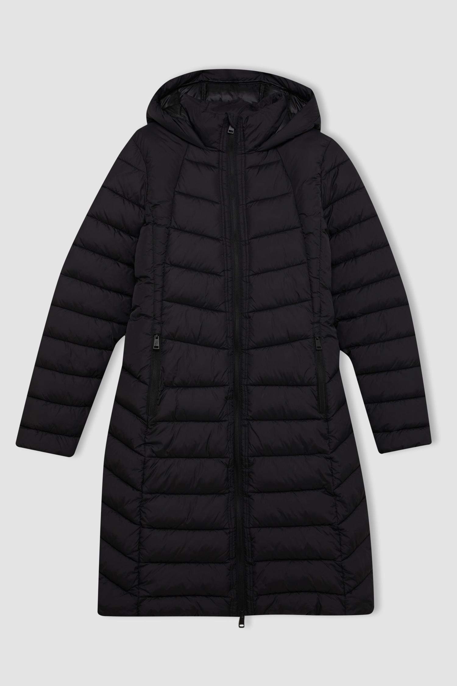 DeFactoFit Su İtici Slim Fit Dar Kesim Kapüşonlu Kapitoneli Fermuarlı Cepli Uzun Şişme Mont Parka