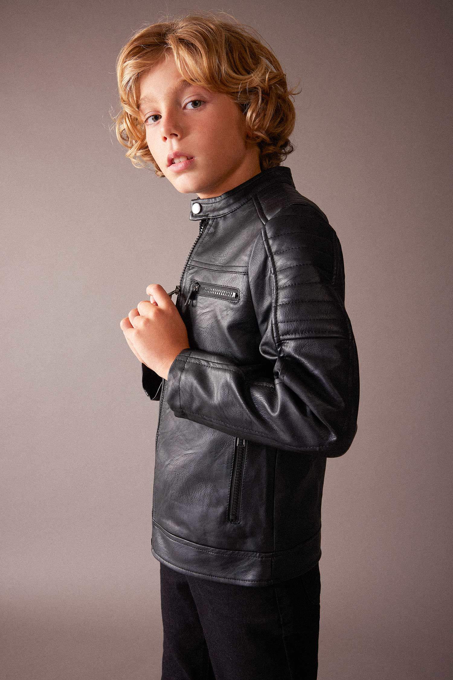 Black BOYS & TEENS Boy Waterproof Collar Faux Leather Puffer 