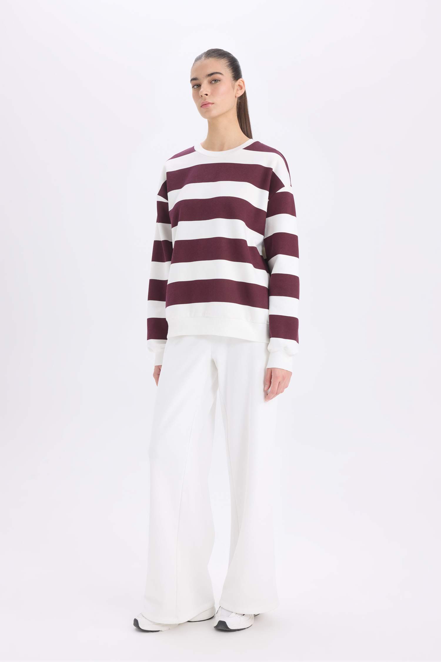 Relax Fit Bisiklet Yaka Çizgili Kalın Sweatshirt