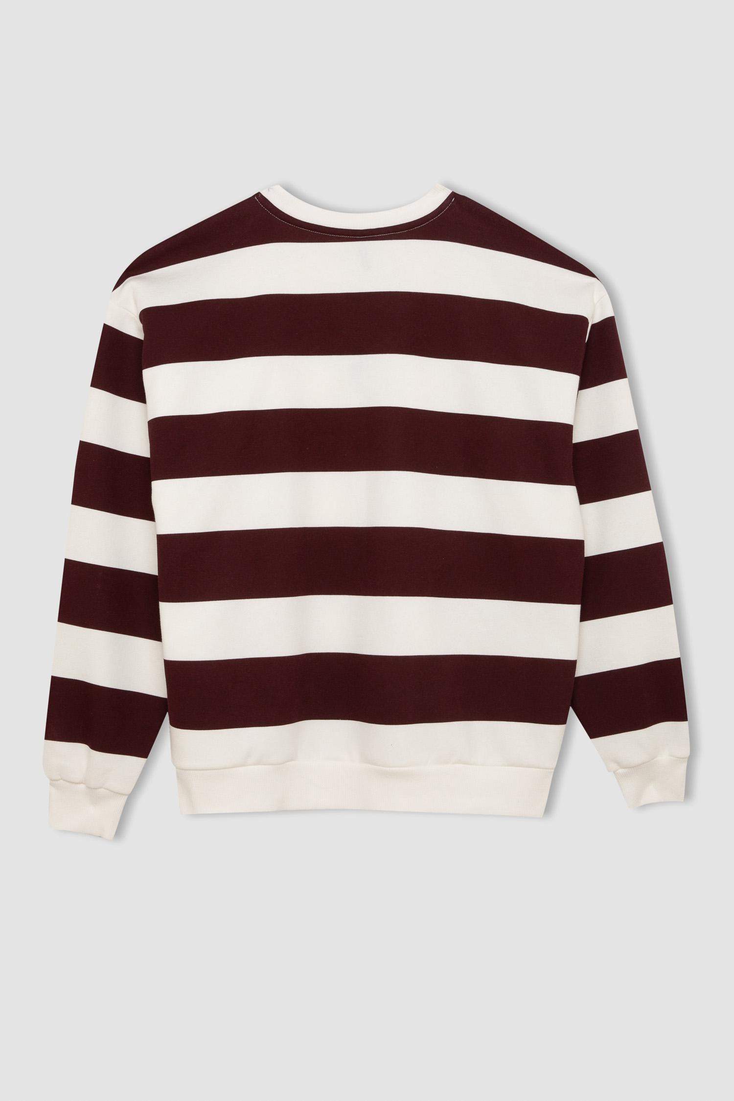 Relax Fit Bisiklet Yaka Çizgili Kalın Sweatshirt