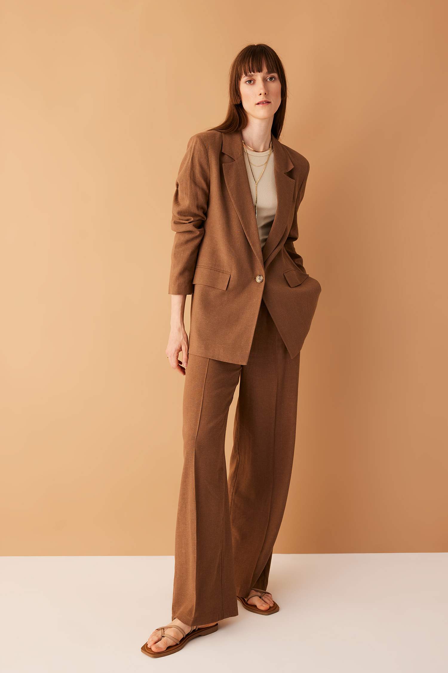 بنطلون كتان وايد ليج بجيب