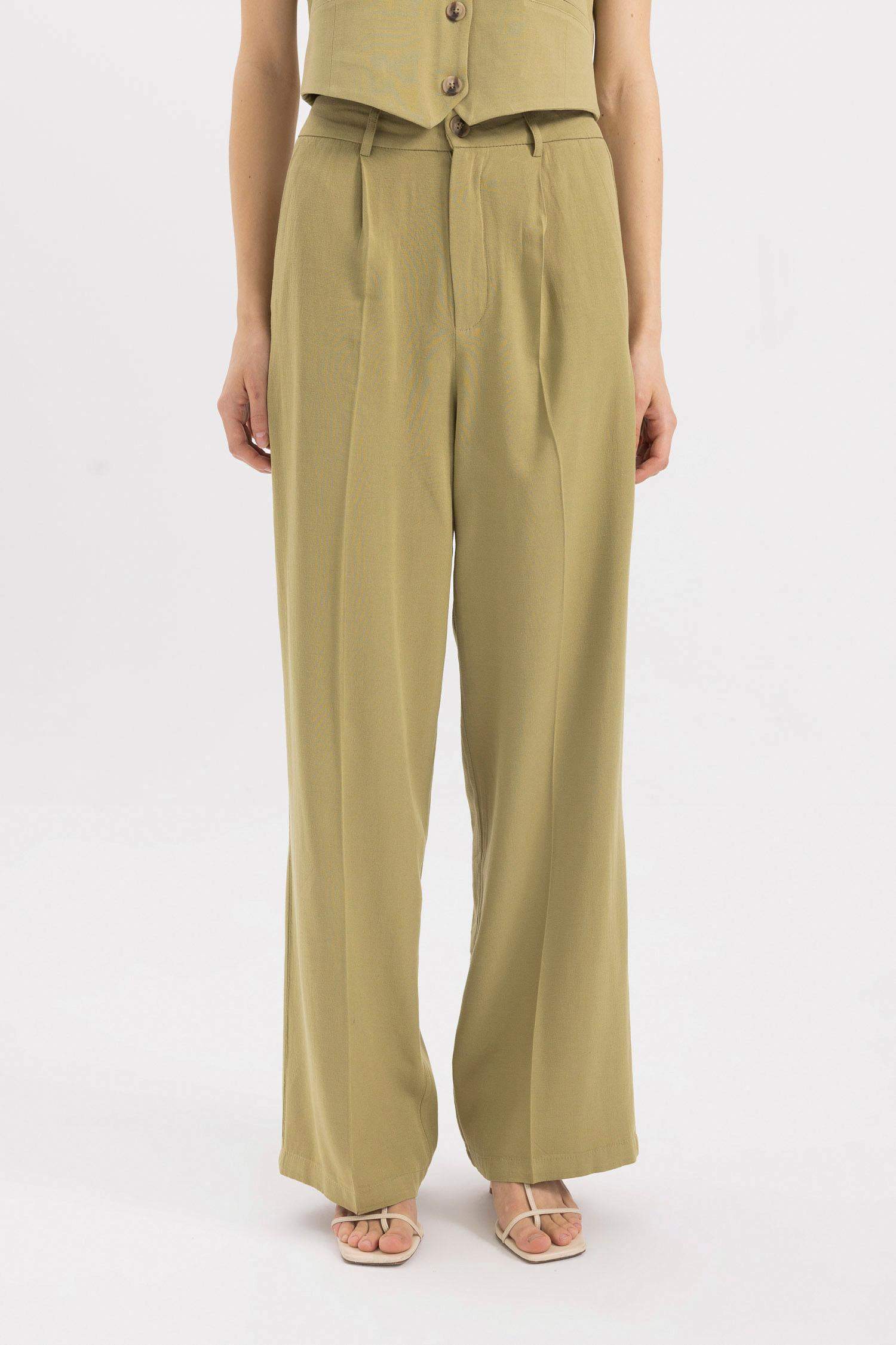 Wide Leg Keten Karışımlı Palazzo Pantolon Yüksek Bel Geniş Bol Paça Pensli Cepli