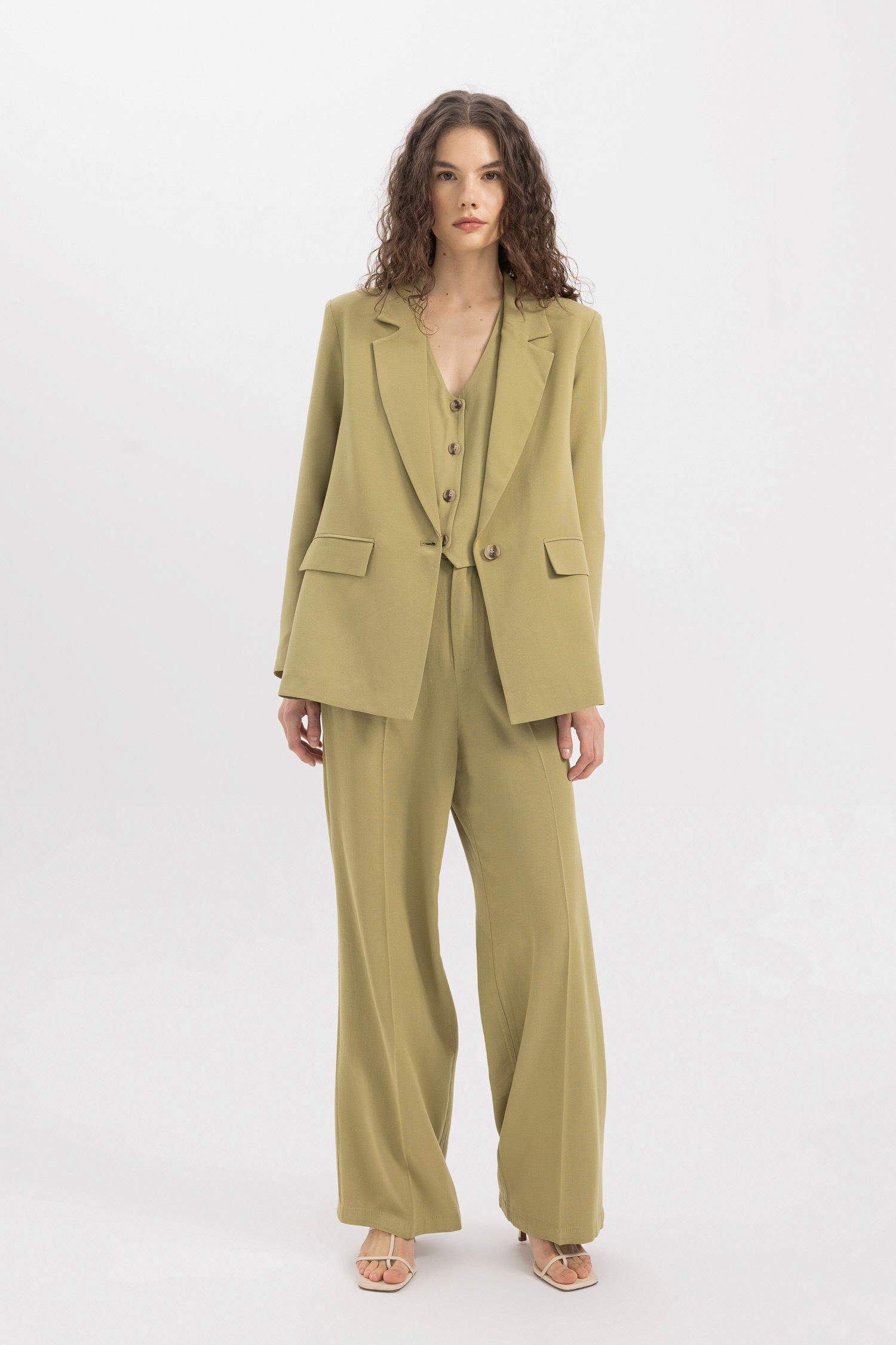 Wide Leg Keten Karışımlı Palazzo Pantolon Yüksek Bel Geniş Bol Paça Pensli Cepli