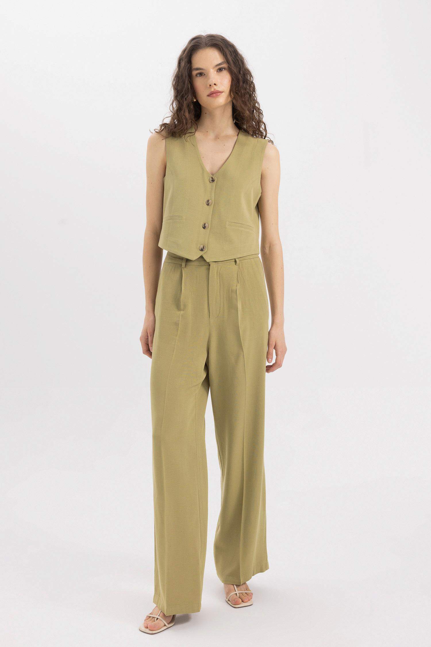 Wide Leg Keten Karışımlı Palazzo Pantolon Yüksek Bel Geniş Bol Paça Pensli Cepli