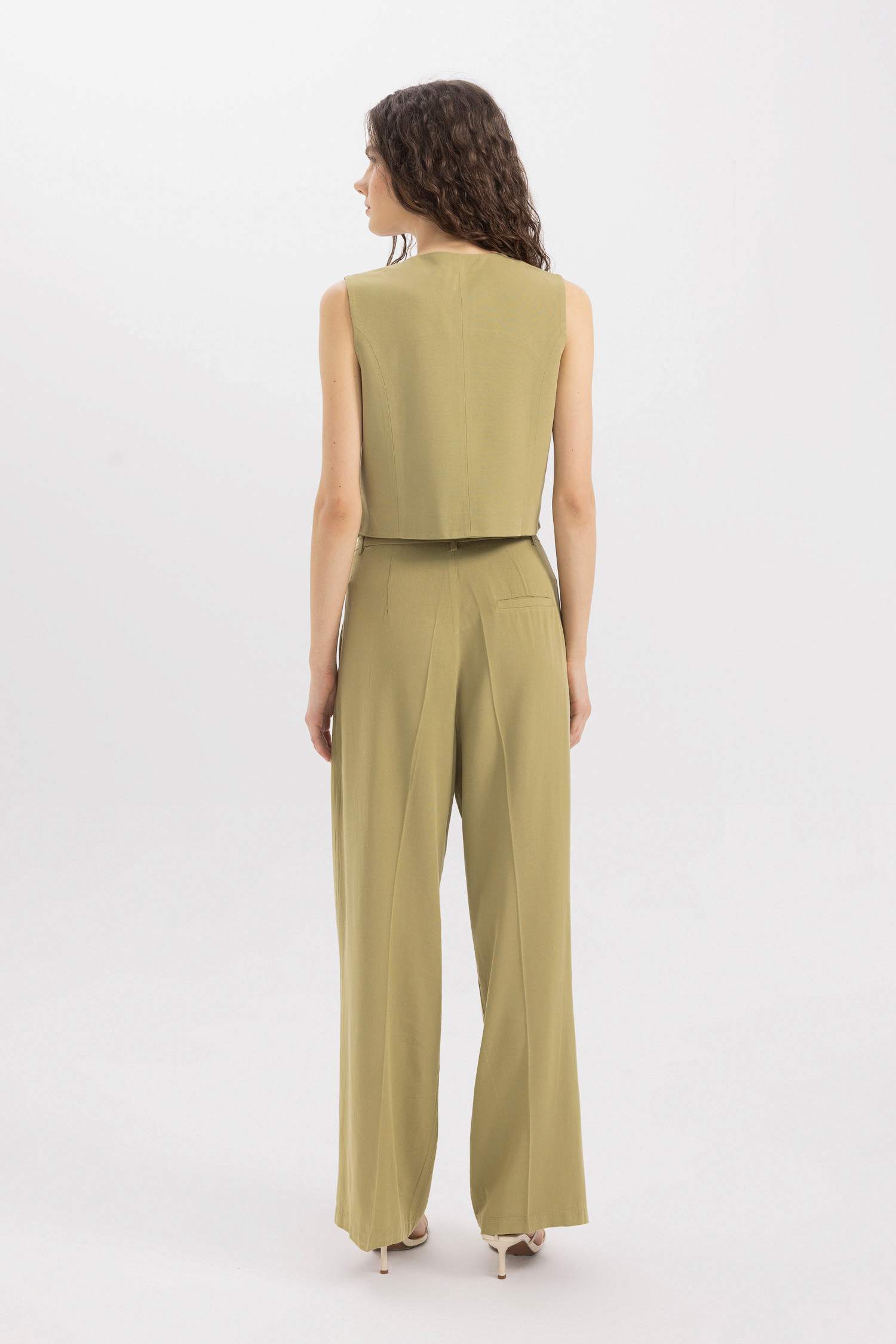 Wide Leg Keten Karışımlı Palazzo Pantolon Yüksek Bel Geniş Bol Paça Pensli Cepli